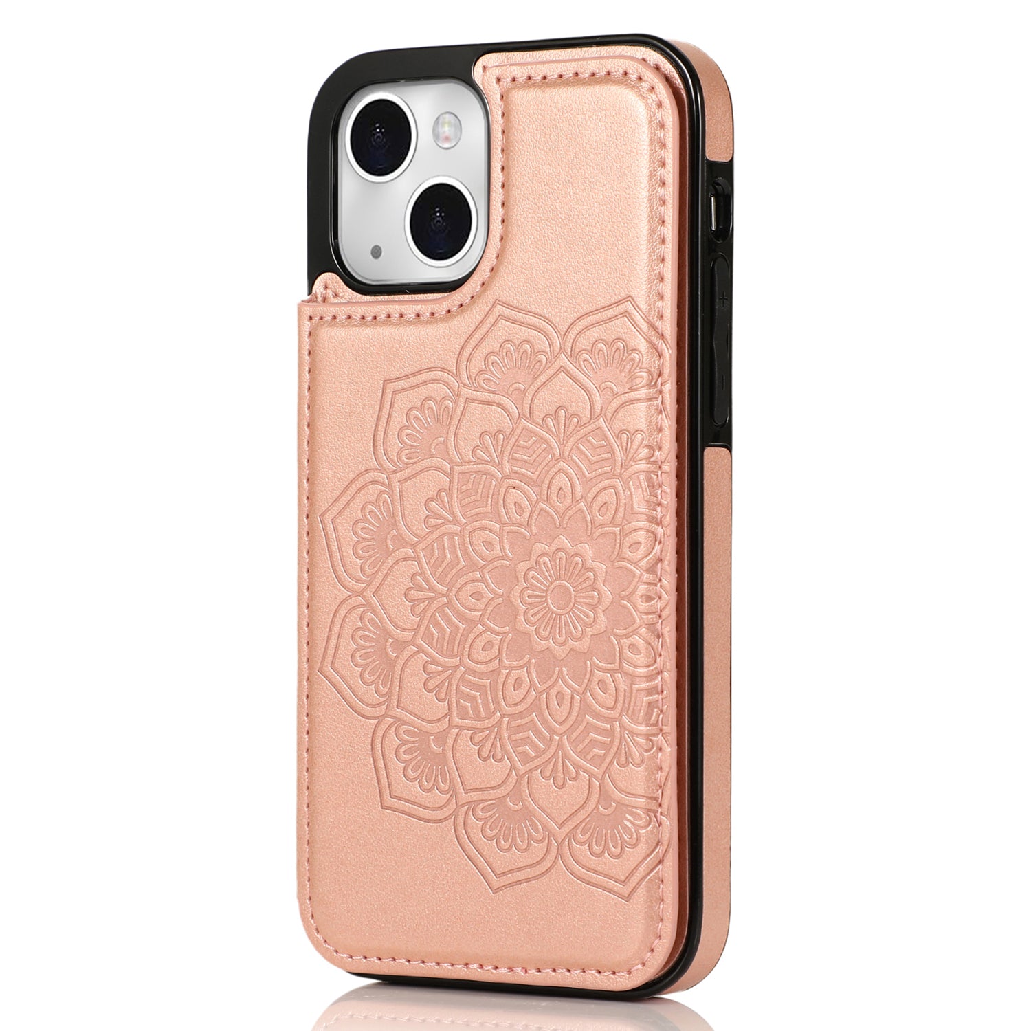 For iPhone 15 Cell Phone Case Imprinted Mandala Flower PU Leather+TPU Cover - Rose Gold