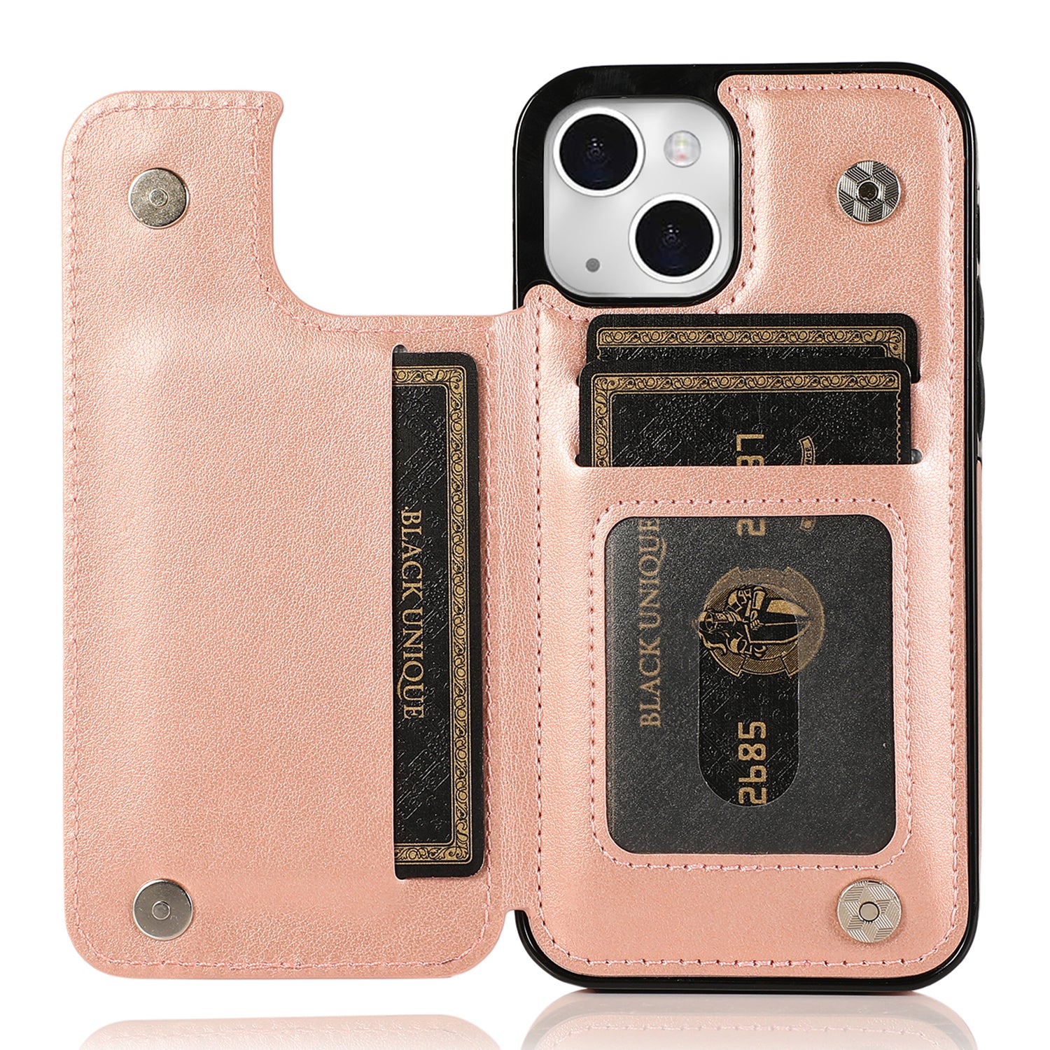 For iPhone 15 Cell Phone Case Imprinted Mandala Flower PU Leather+TPU Cover - Rose Gold