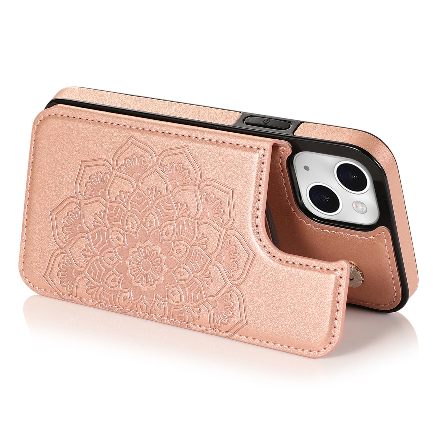 For iPhone 15 Cell Phone Case Imprinted Mandala Flower PU Leather+TPU Cover - Rose Gold