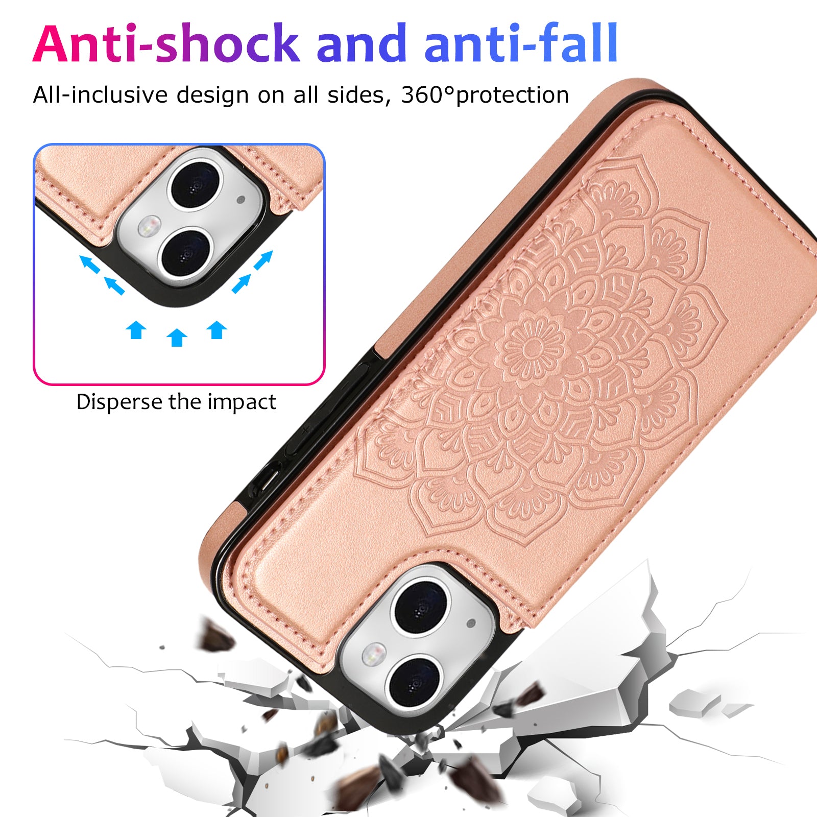For iPhone 15 Cell Phone Case Imprinted Mandala Flower PU Leather+TPU Cover - Rose Gold