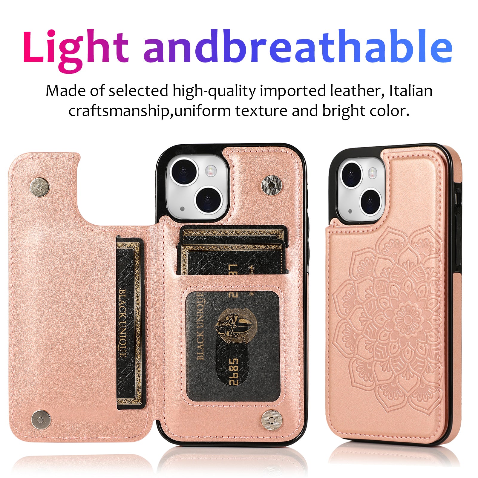 For iPhone 15 Cell Phone Case Imprinted Mandala Flower PU Leather+TPU Cover - Rose Gold
