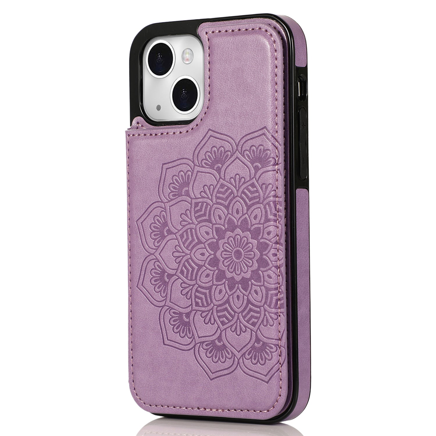 For iPhone 15 Cell Phone Case Imprinted Mandala Flower PU Leather+TPU Cover - Rose Gold