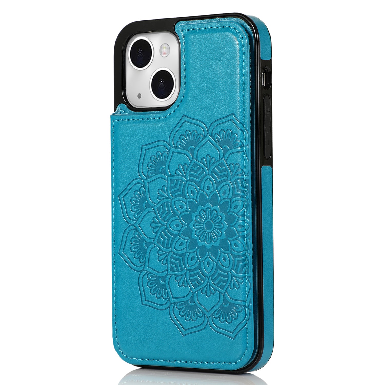 For iPhone 15 Cell Phone Case Imprinted Mandala Flower PU Leather+TPU Cover - Rose Gold