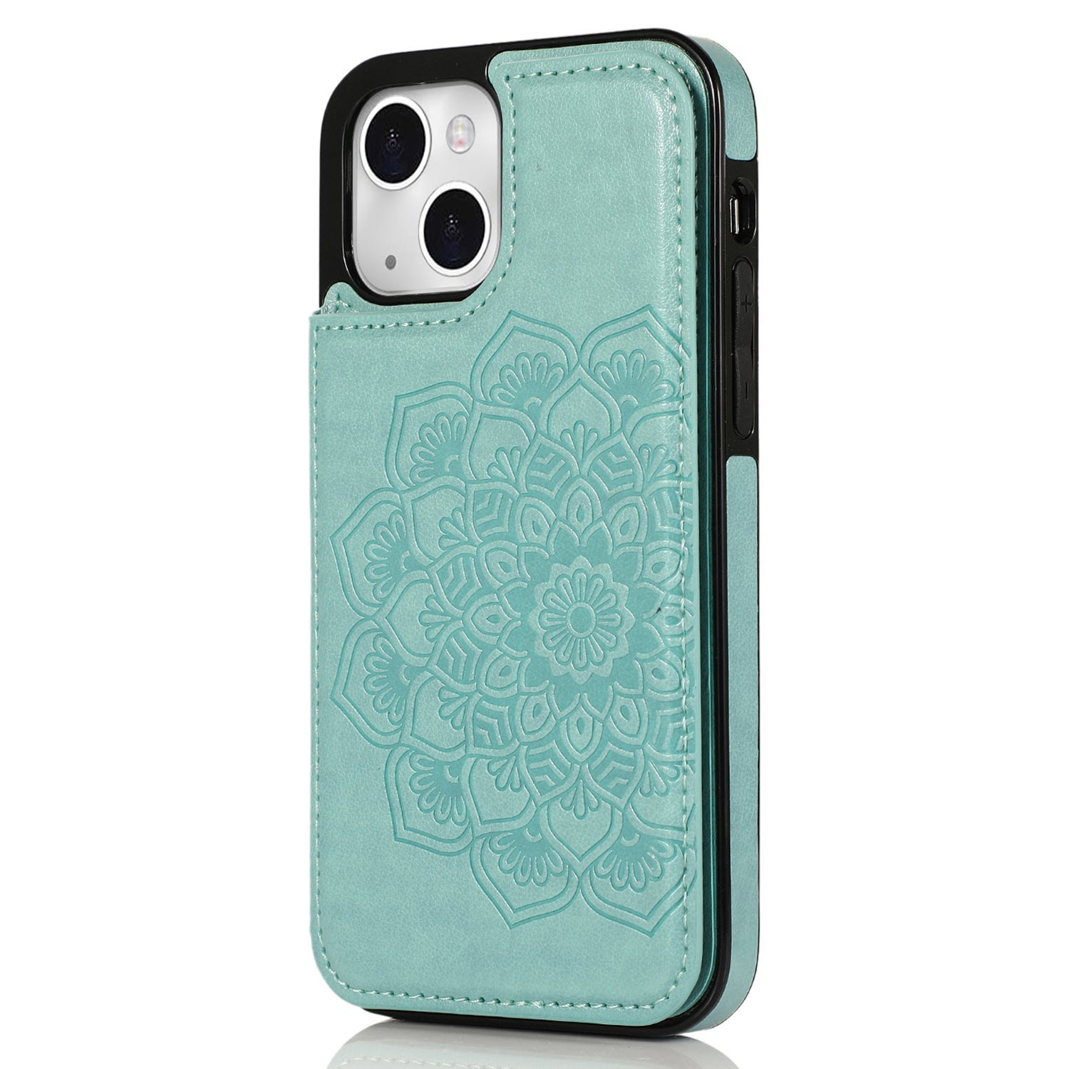 For iPhone 15 Cell Phone Case Imprinted Mandala Flower PU Leather+TPU Cover - Rose Gold