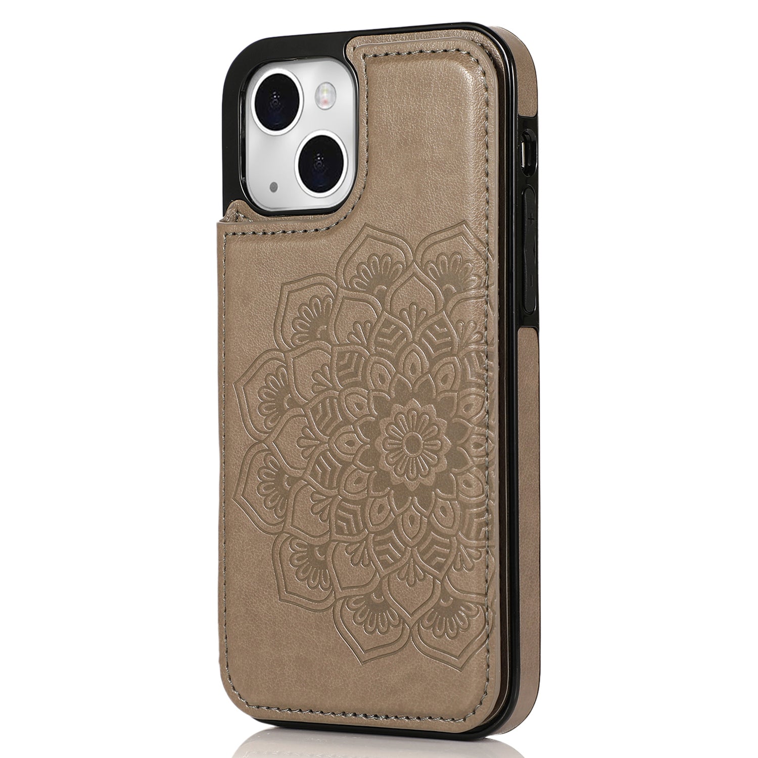For iPhone 15 Cell Phone Case Imprinted Mandala Flower PU Leather+TPU Cover - Rose Gold