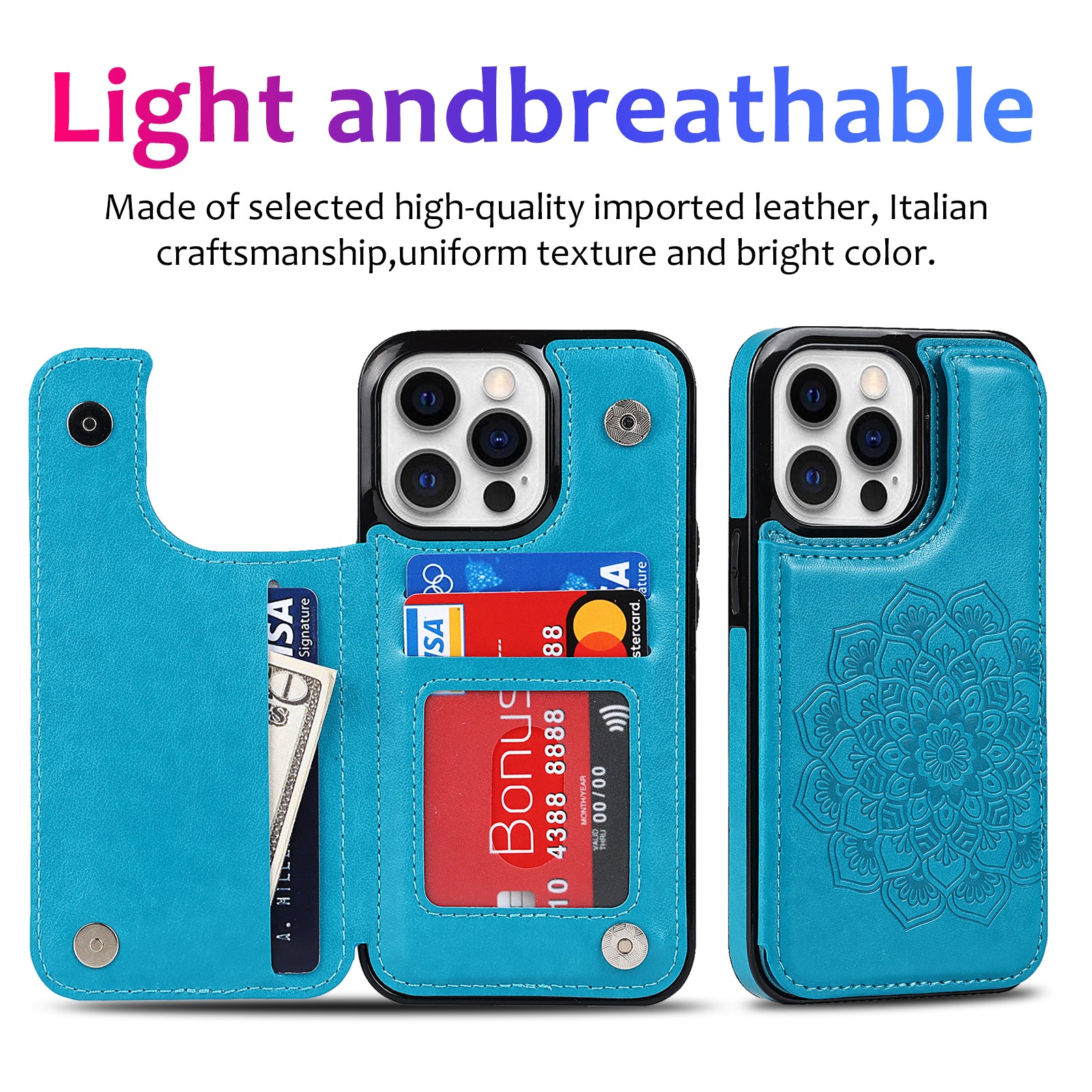 For iPhone 15 Pro Max Cell Phone Case Mandala Imprinted PU Leather+TPU Cover - Blue