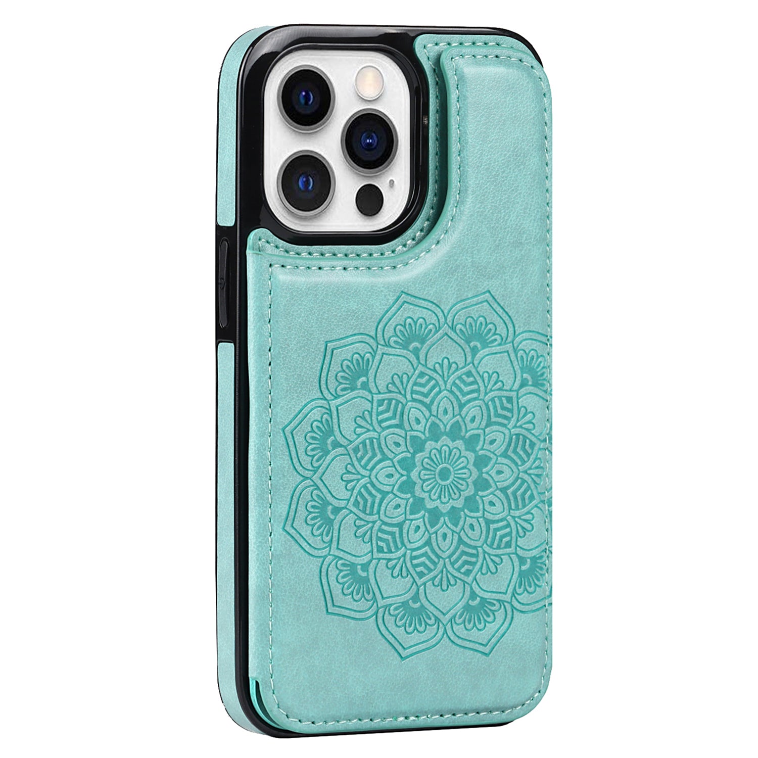 For iPhone 14 Pro Max Cell Phone Case Anti-scratch Mandala Imprinted PU Leather+TPU Cover - Blue