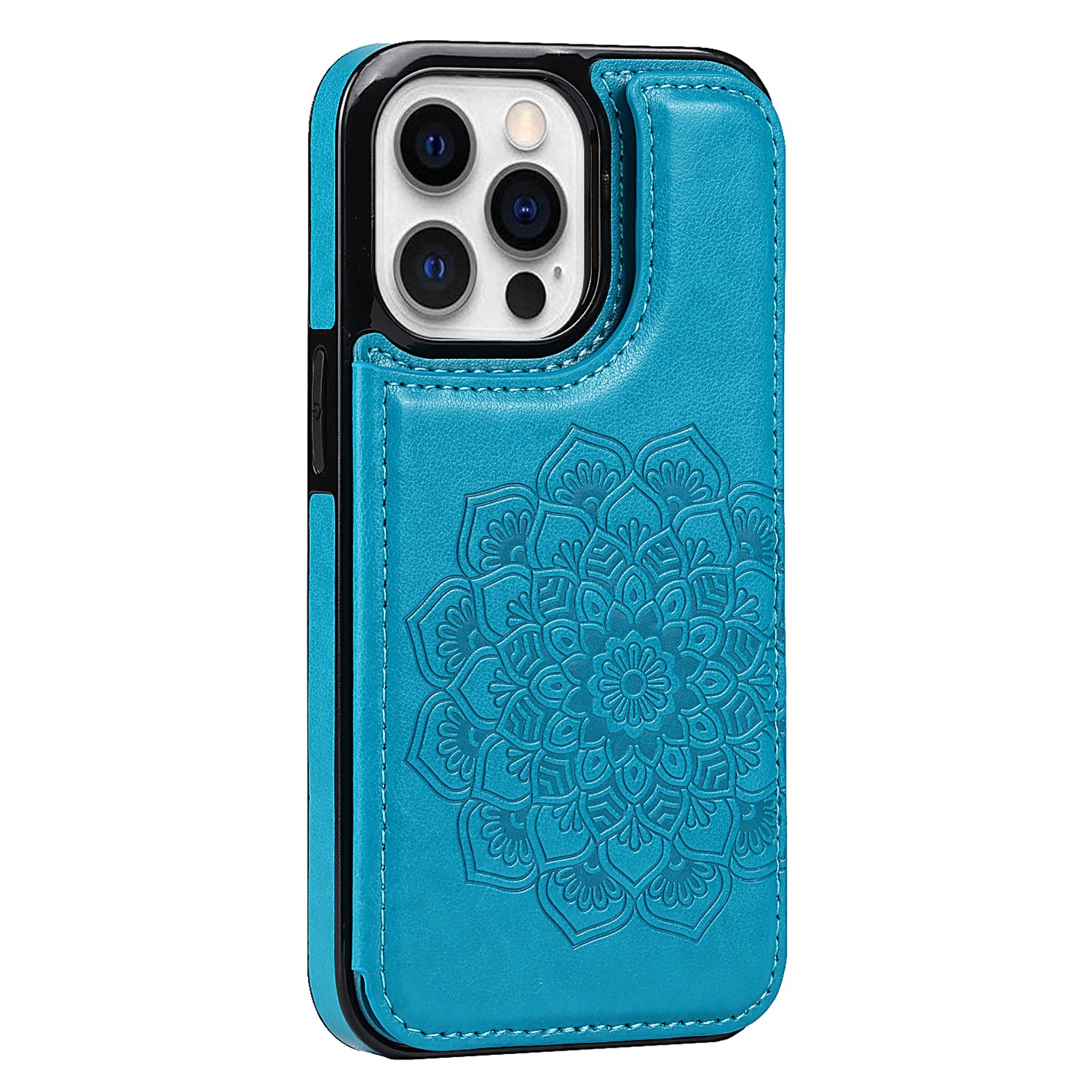 For iPhone 14 Pro Cell Phone Case Mandala Imprinted Drop Proof PU Leather+TPU Cover - Blue