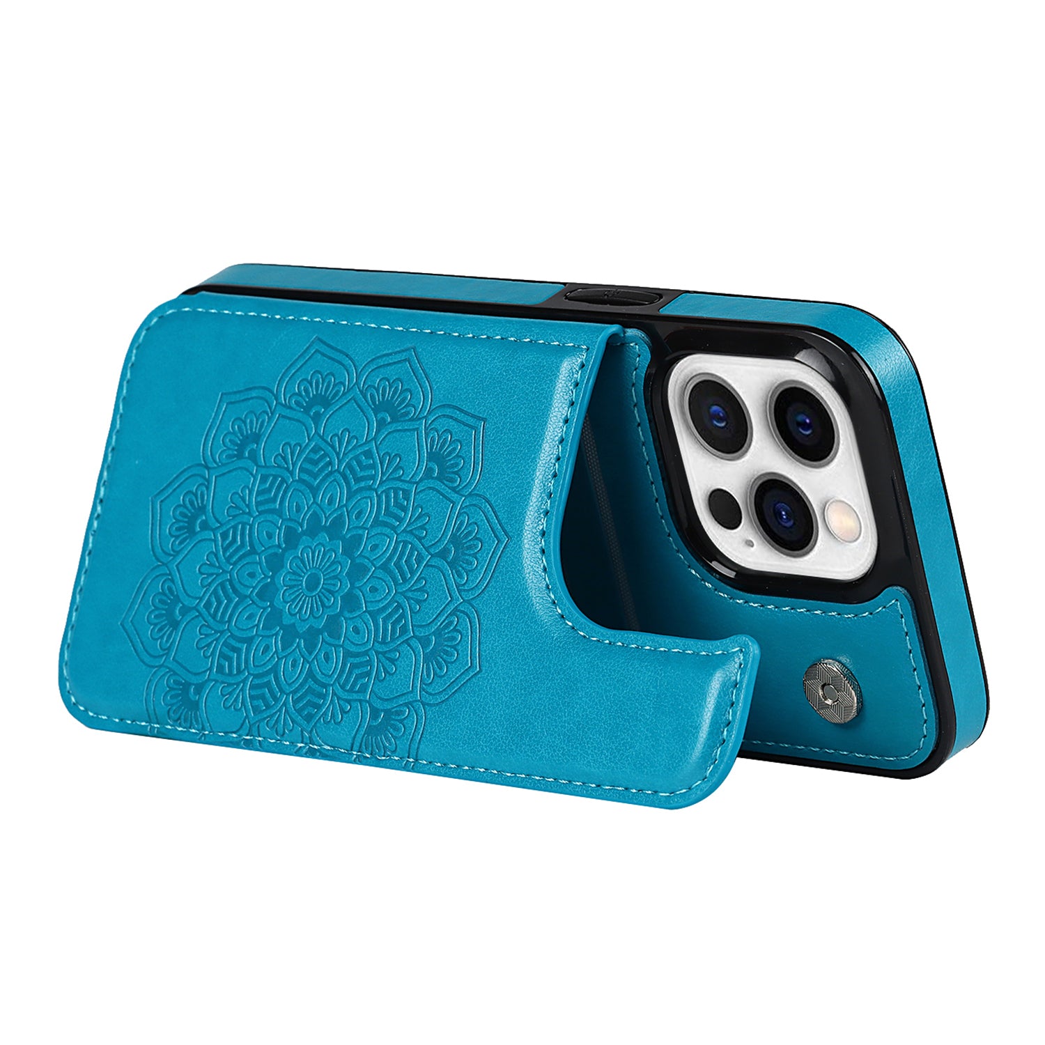 For iPhone 14 Pro Cell Phone Case Mandala Imprinted Drop Proof PU Leather+TPU Cover - Blue
