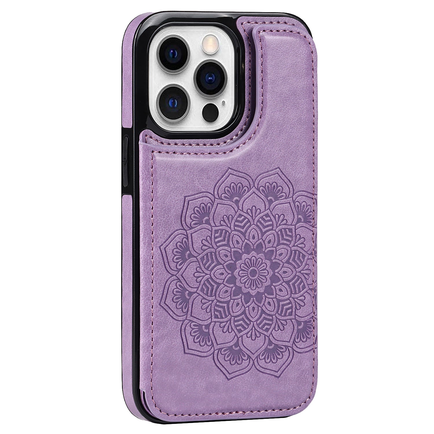 For iPhone 14 Pro Cell Phone Case Mandala Imprinted Drop Proof PU Leather+TPU Cover - Blue