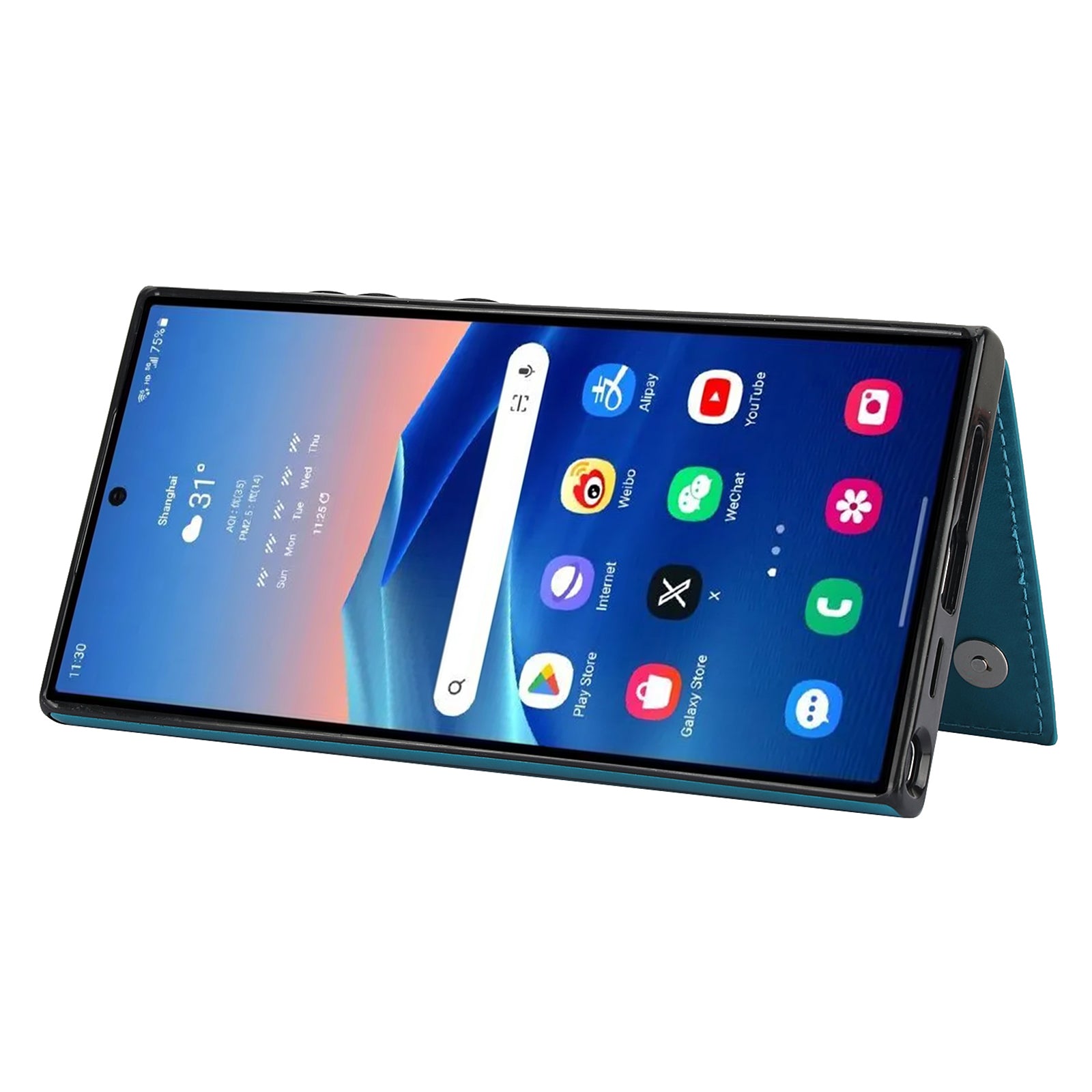 For Samsung Galaxy S24 Ultra PU Leather Case Imprinted Mandala Flower Kickstand Phone Cover - Dark Blue