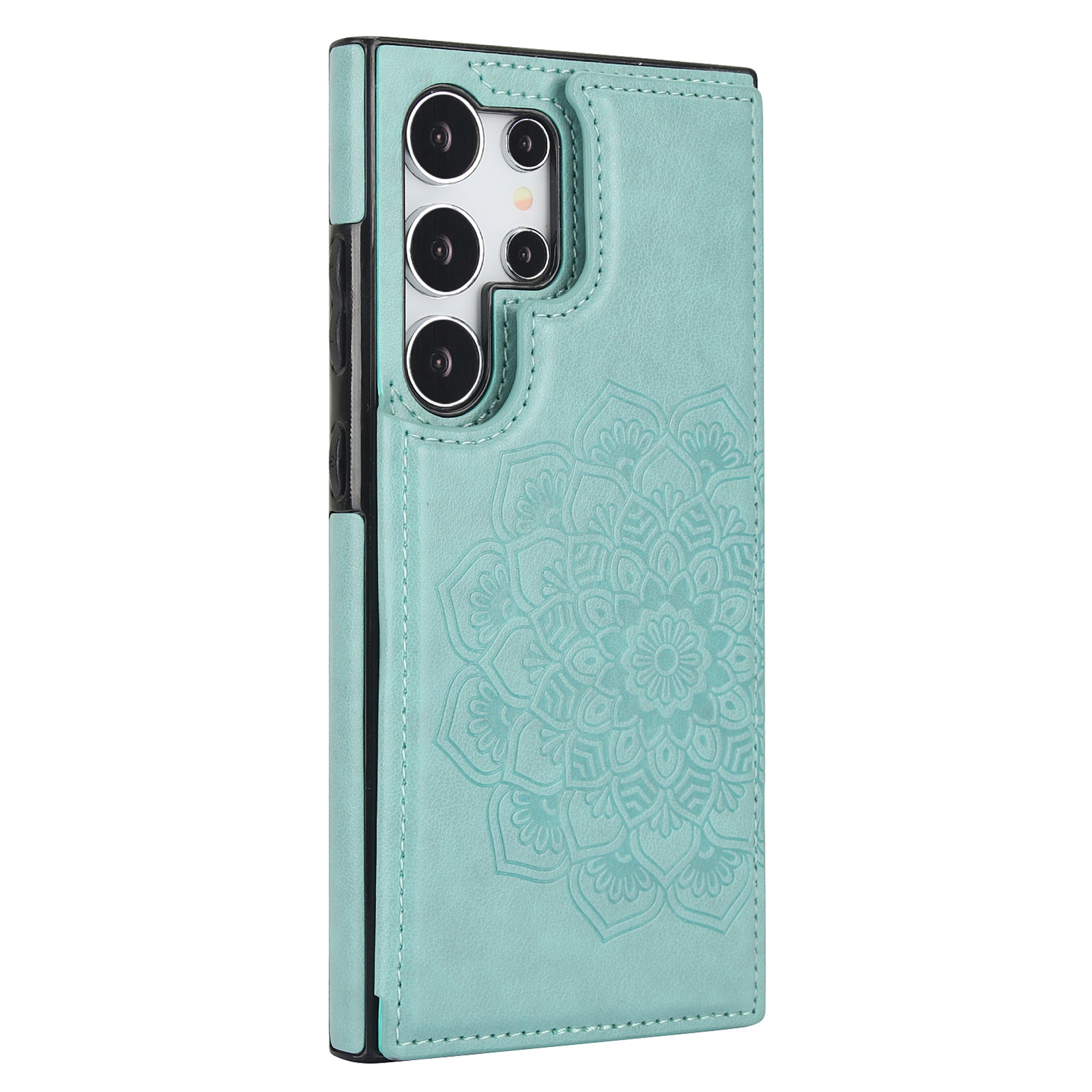 For Samsung Galaxy S24 Ultra PU Leather Case Imprinted Mandala Flower Kickstand Phone Cover - Dark Blue