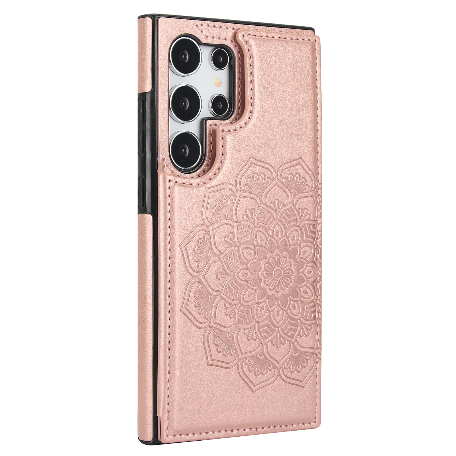 For Samsung Galaxy S24 Ultra PU Leather Case Imprinted Mandala Flower Kickstand Phone Cover - Dark Blue