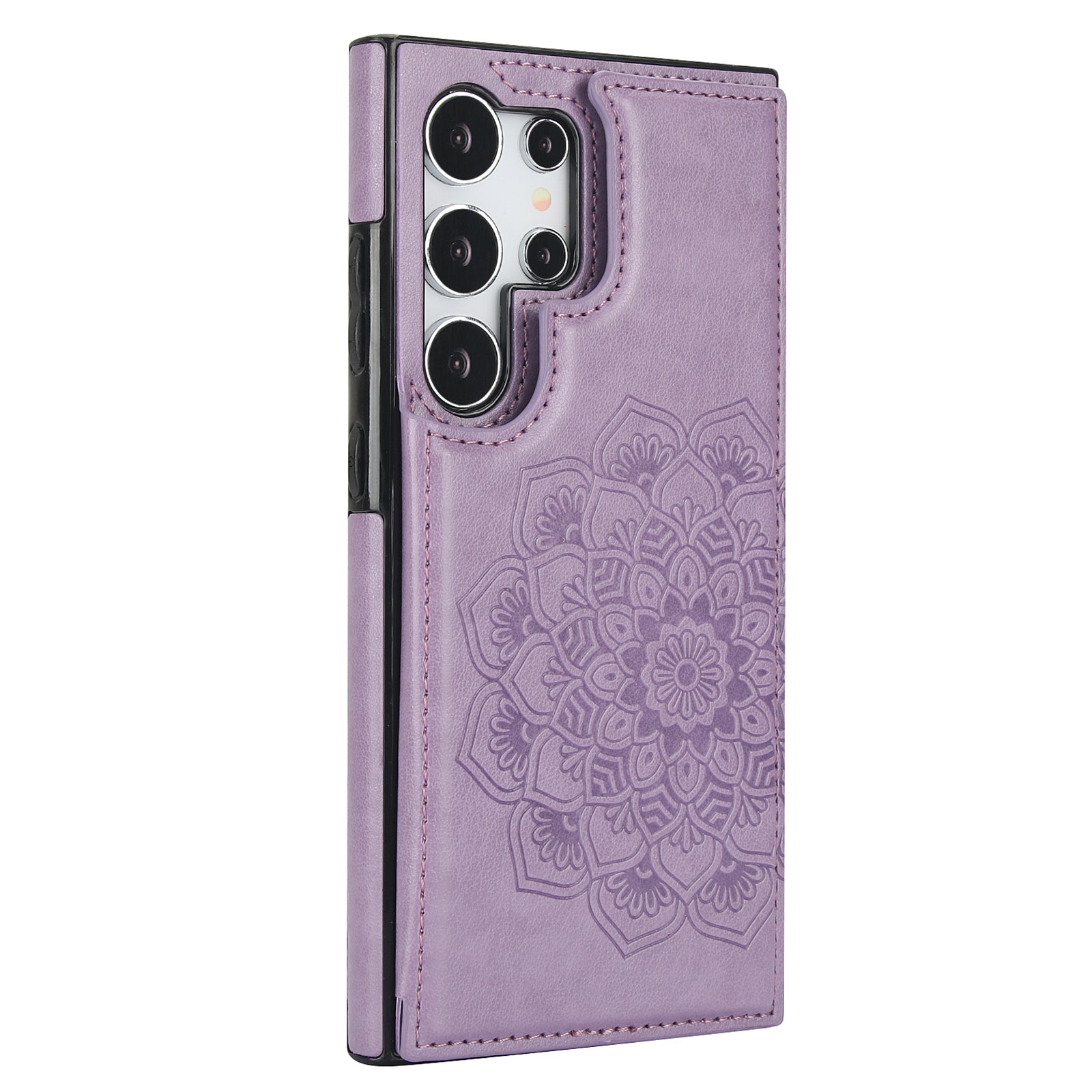 For Samsung Galaxy S24 Ultra PU Leather Case Imprinted Mandala Flower Kickstand Phone Cover - Dark Blue