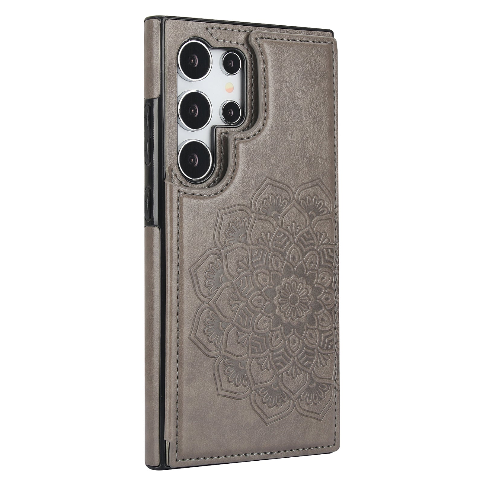 For Samsung Galaxy S24 Ultra PU Leather Case Imprinted Mandala Flower Kickstand Phone Cover - Dark Blue