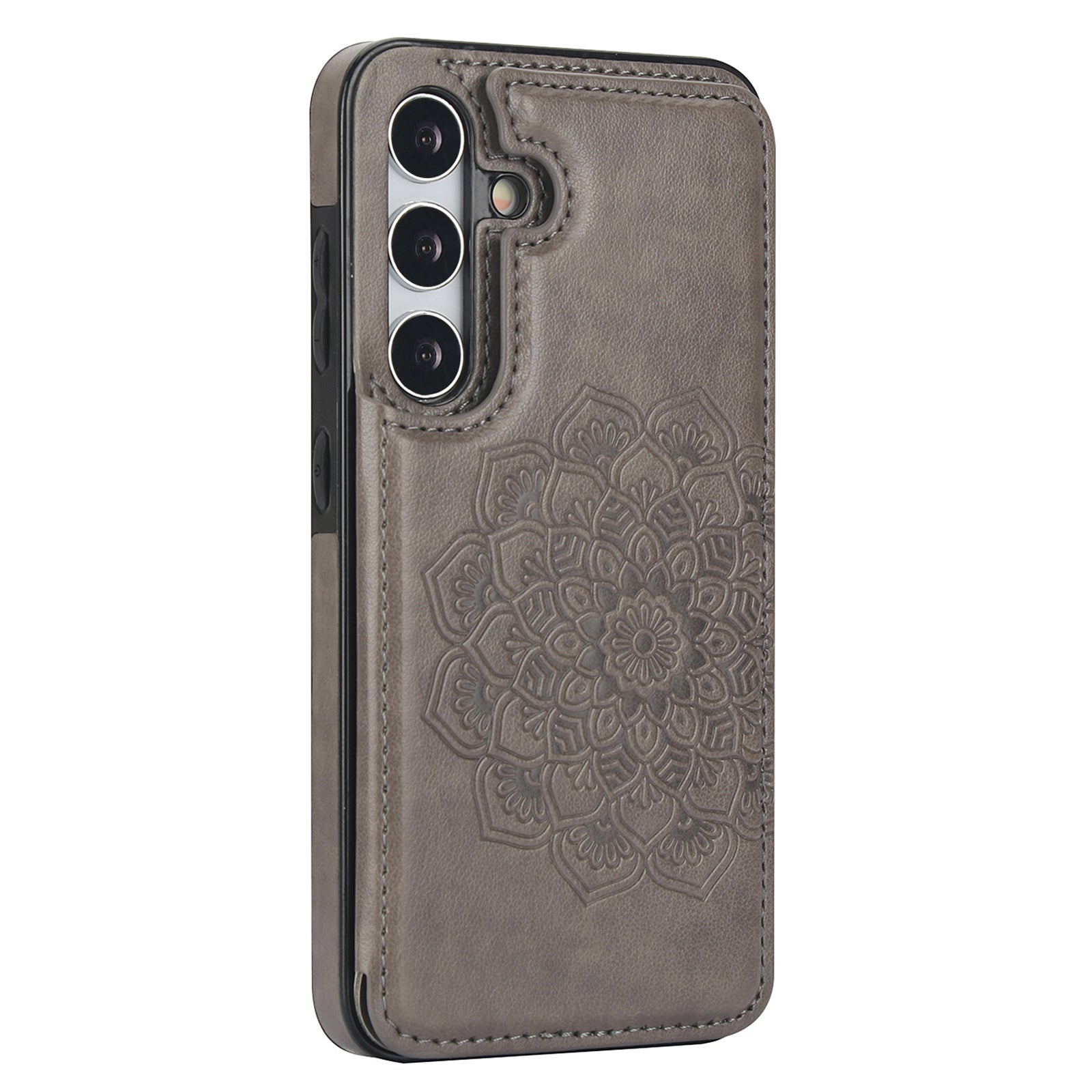 For Samsung Galaxy S24+ Cell Phone Case PU Leather Imprinted Mandala Flower Cover with Card Slots - Grey