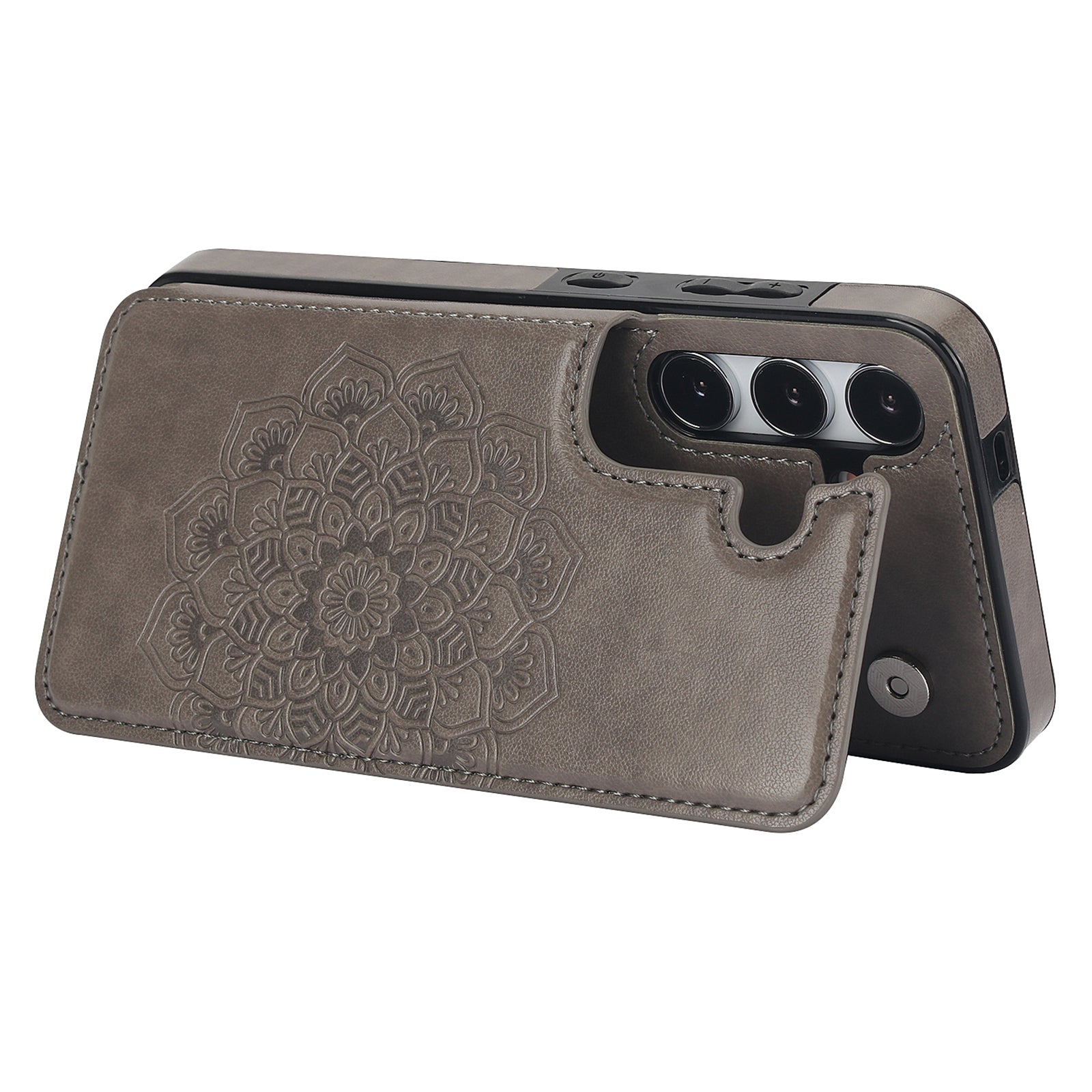 For Samsung Galaxy S24+ Cell Phone Case PU Leather Imprinted Mandala Flower Cover with Card Slots - Grey