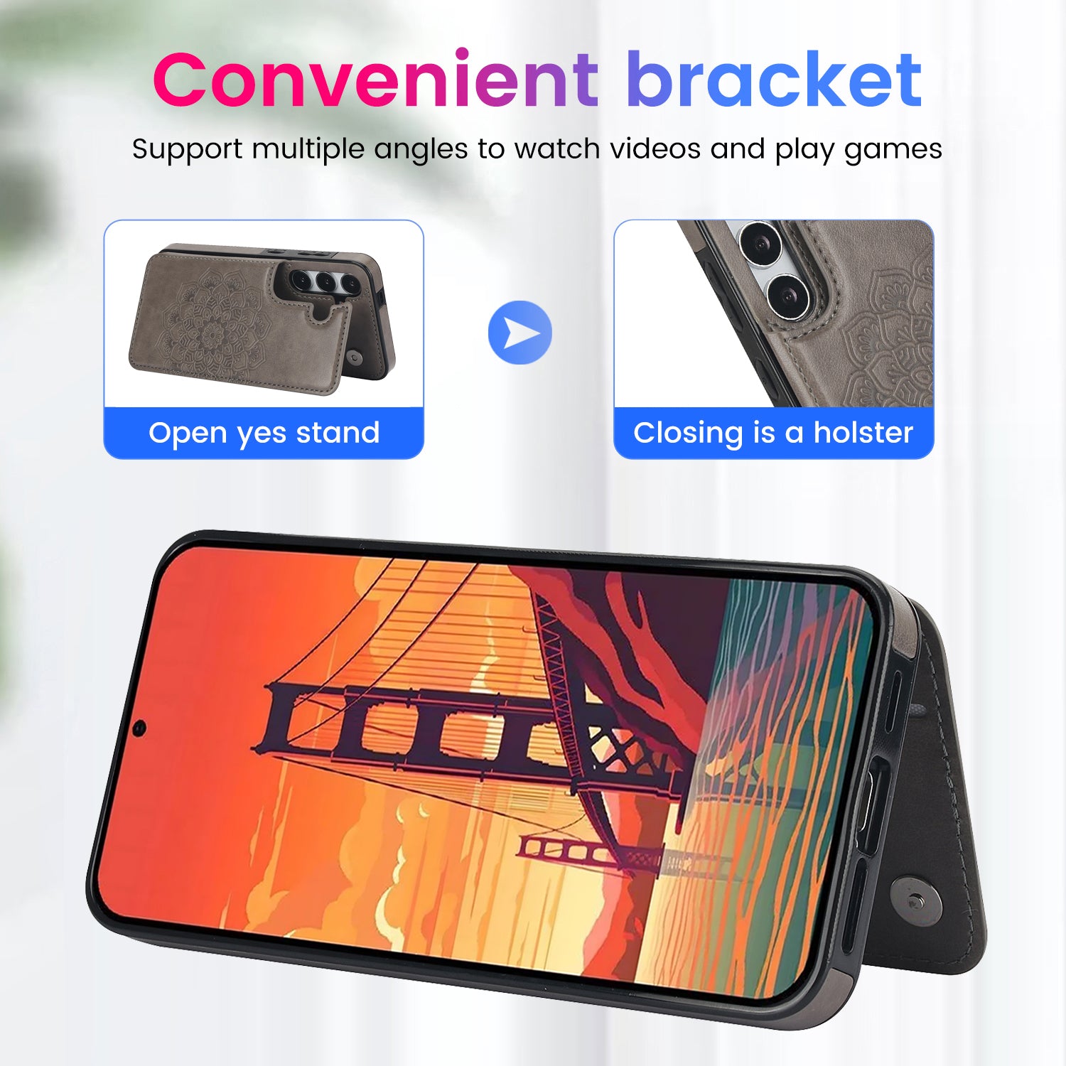 For Samsung Galaxy S24+ Cell Phone Case PU Leather Imprinted Mandala Flower Cover with Card Slots - Grey