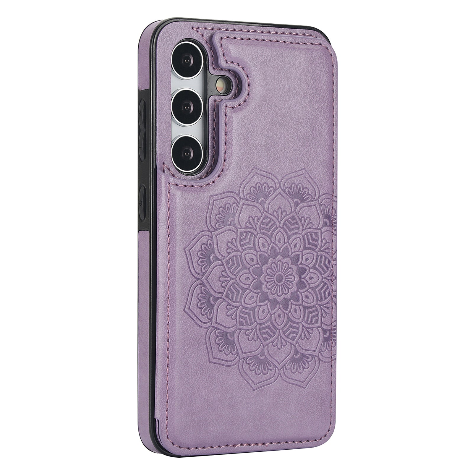 For Samsung Galaxy S24+ Cell Phone Case PU Leather Imprinted Mandala Flower Cover with Card Slots - Grey