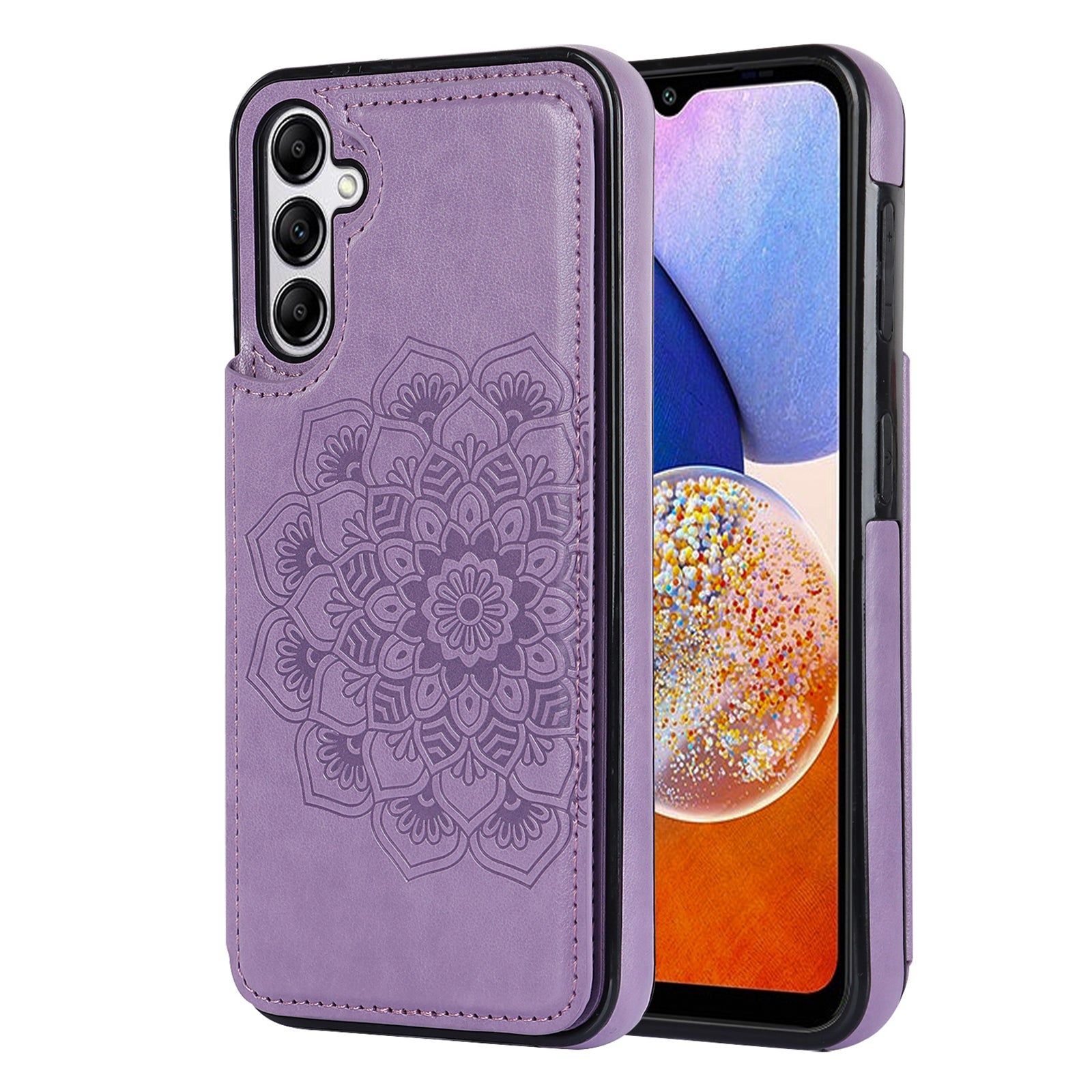 For Samsung Galaxy A14 5G / 4G Leather+TPU Case Kickstand Imprinted Mandala Flower Phone Shell - Dark Blue