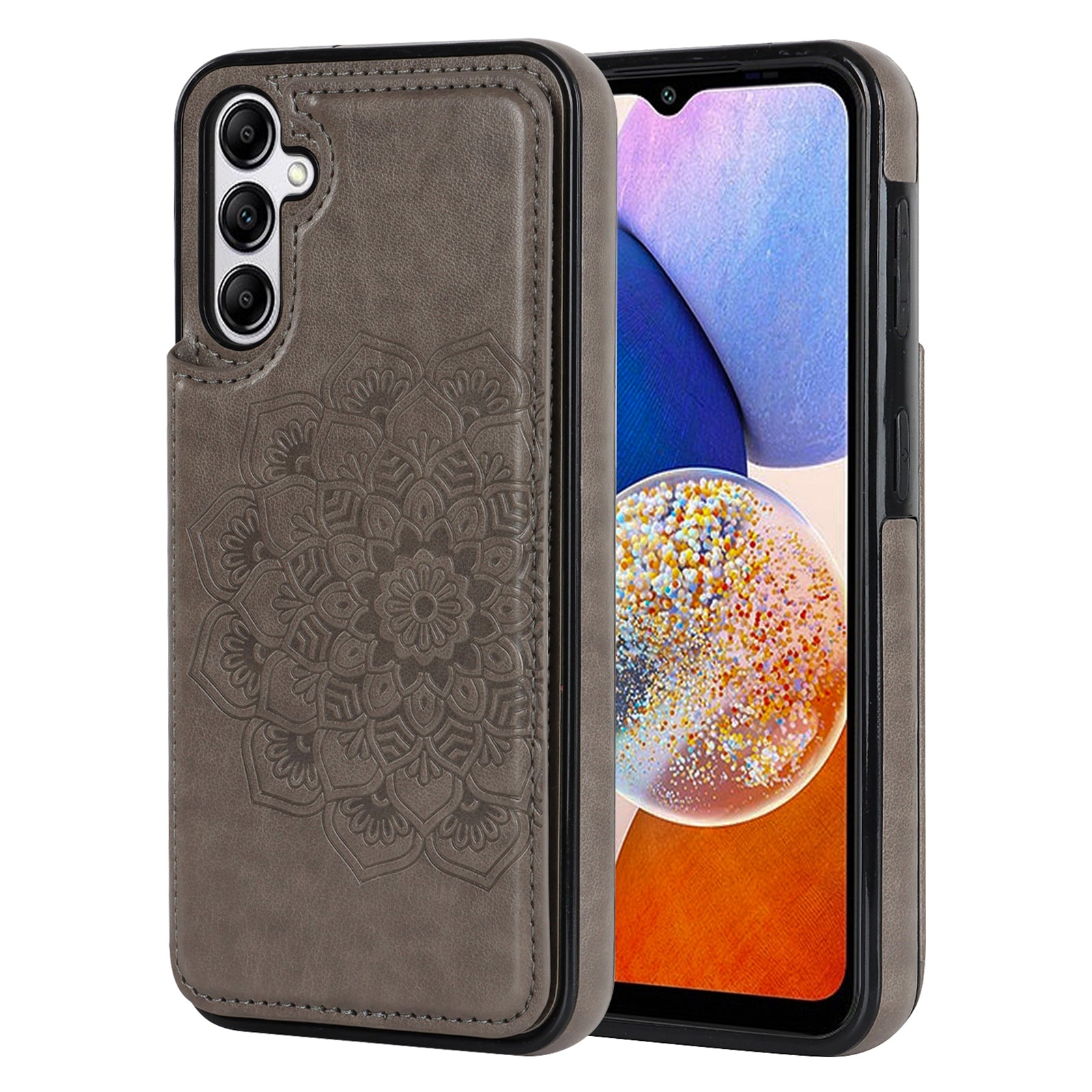 For Samsung Galaxy A14 5G / 4G Leather+TPU Case Kickstand Imprinted Mandala Flower Phone Shell - Dark Blue