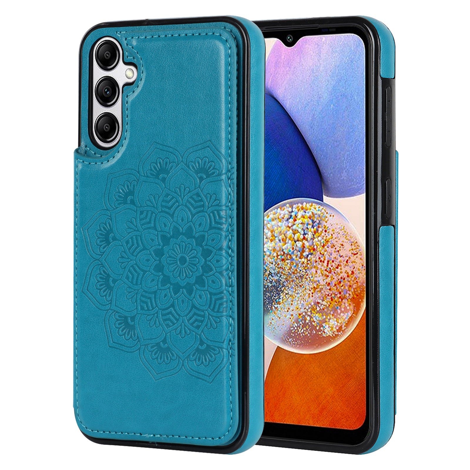 For Samsung Galaxy A15 5G Magnetic Phone Case Imprinted Mandala Flower Card Slots Cover - Dark Blue