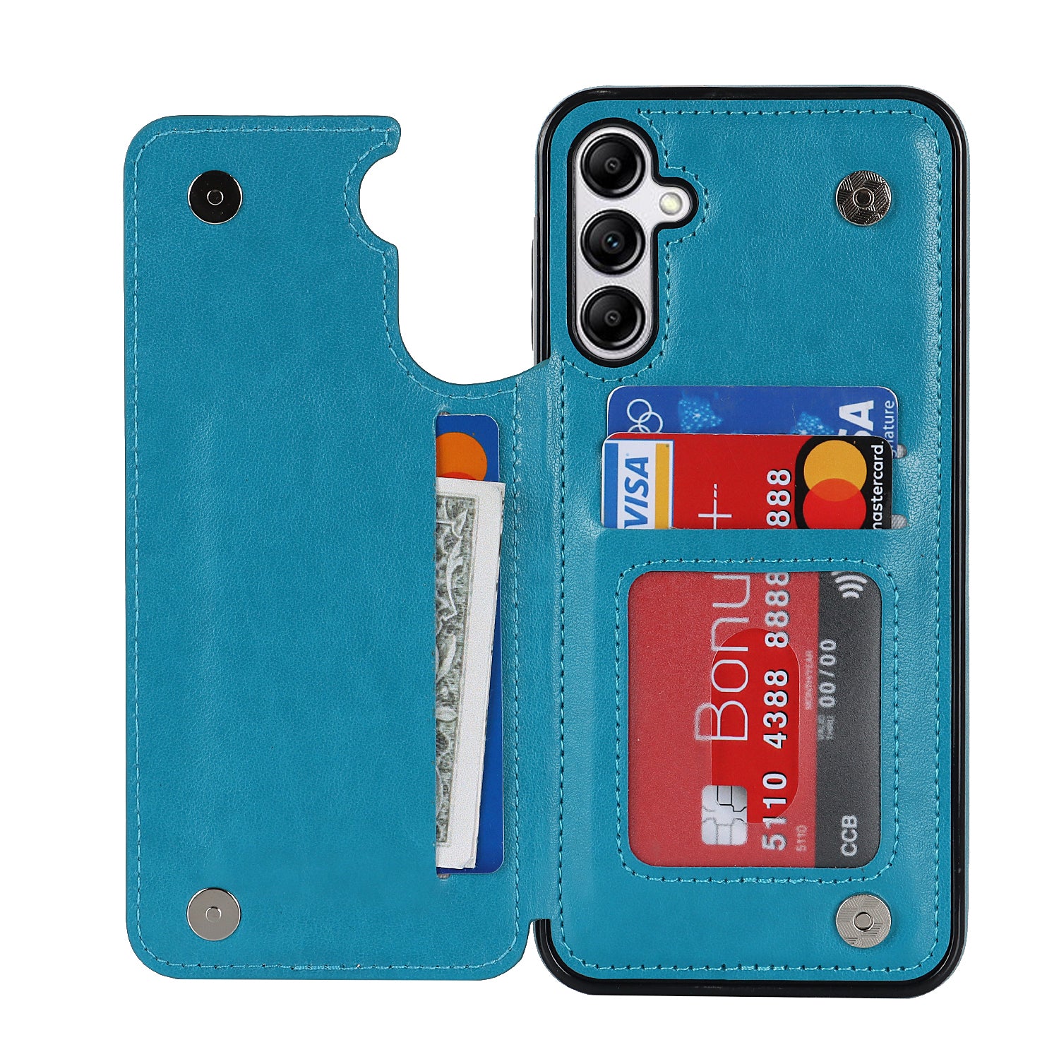 For Samsung Galaxy A15 5G Magnetic Phone Case Imprinted Mandala Flower Card Slots Cover - Dark Blue