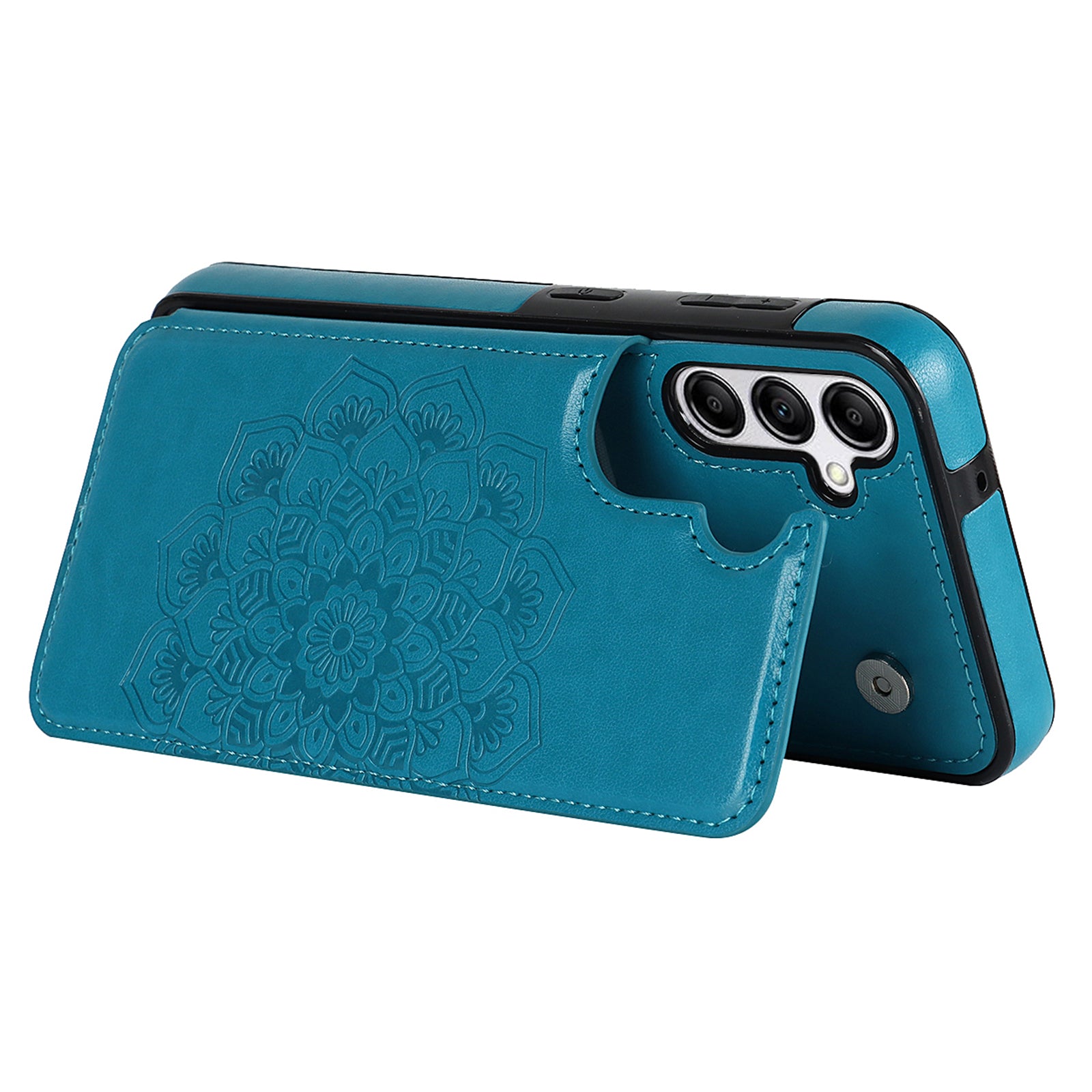 For Samsung Galaxy A15 5G Magnetic Phone Case Imprinted Mandala Flower Card Slots Cover - Dark Blue