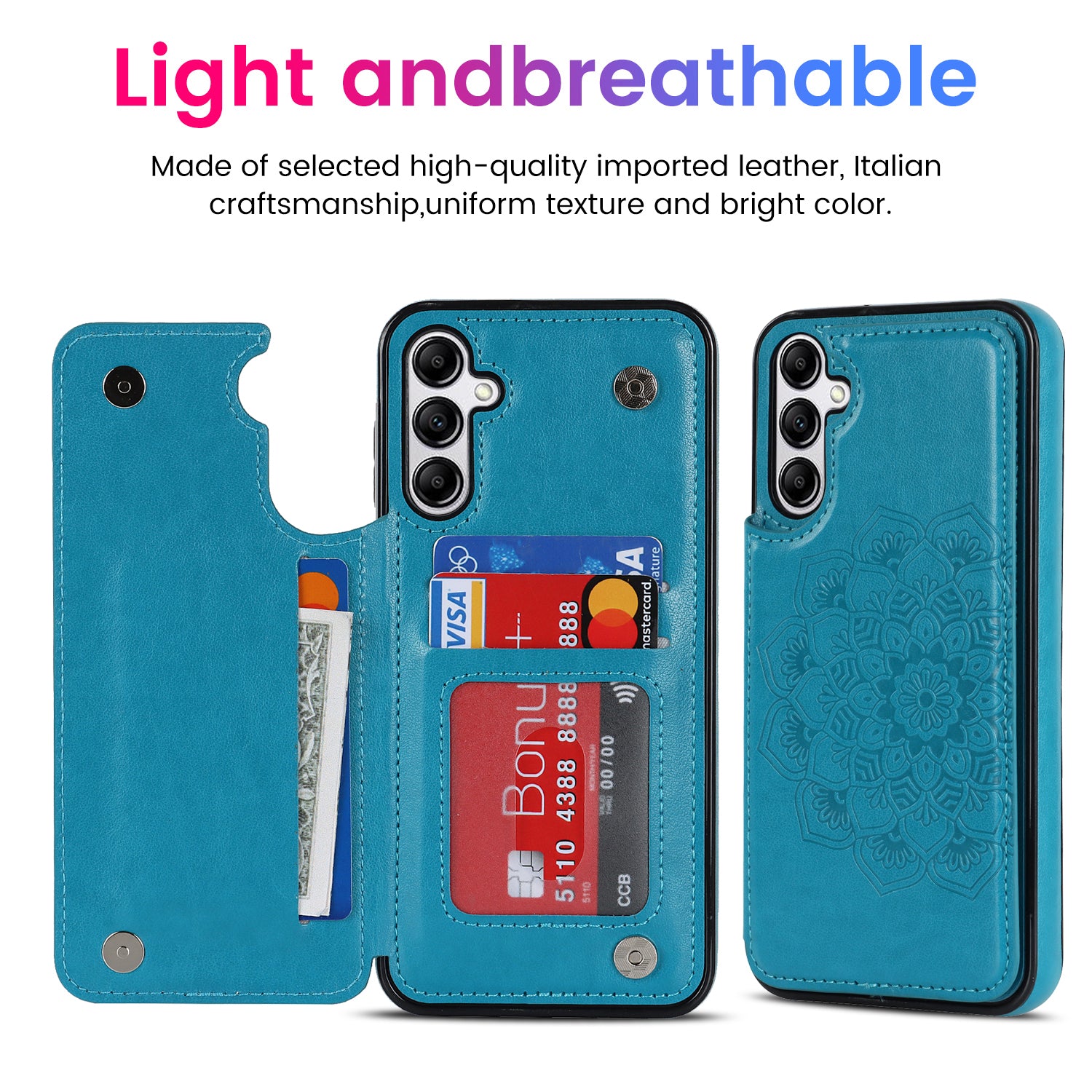 For Samsung Galaxy A15 5G Magnetic Phone Case Imprinted Mandala Flower Card Slots Cover - Dark Blue