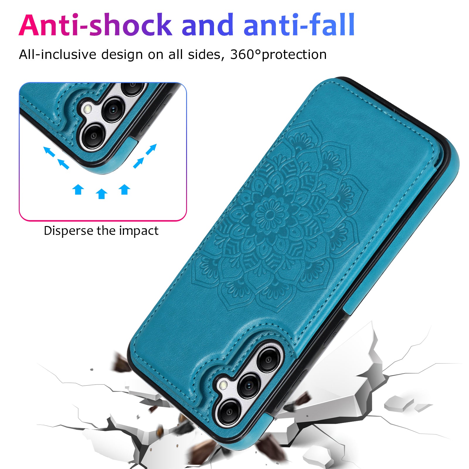 For Samsung Galaxy A15 5G Magnetic Phone Case Imprinted Mandala Flower Card Slots Cover - Dark Blue
