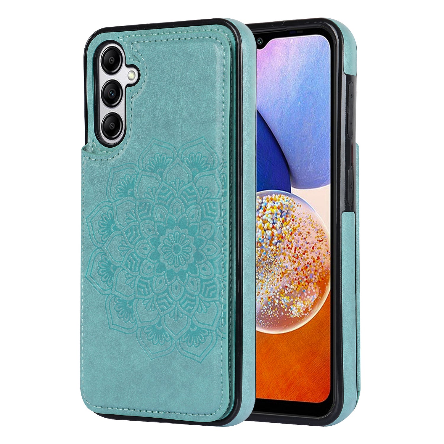 For Samsung Galaxy A15 5G Magnetic Phone Case Imprinted Mandala Flower Card Slots Cover - Dark Blue