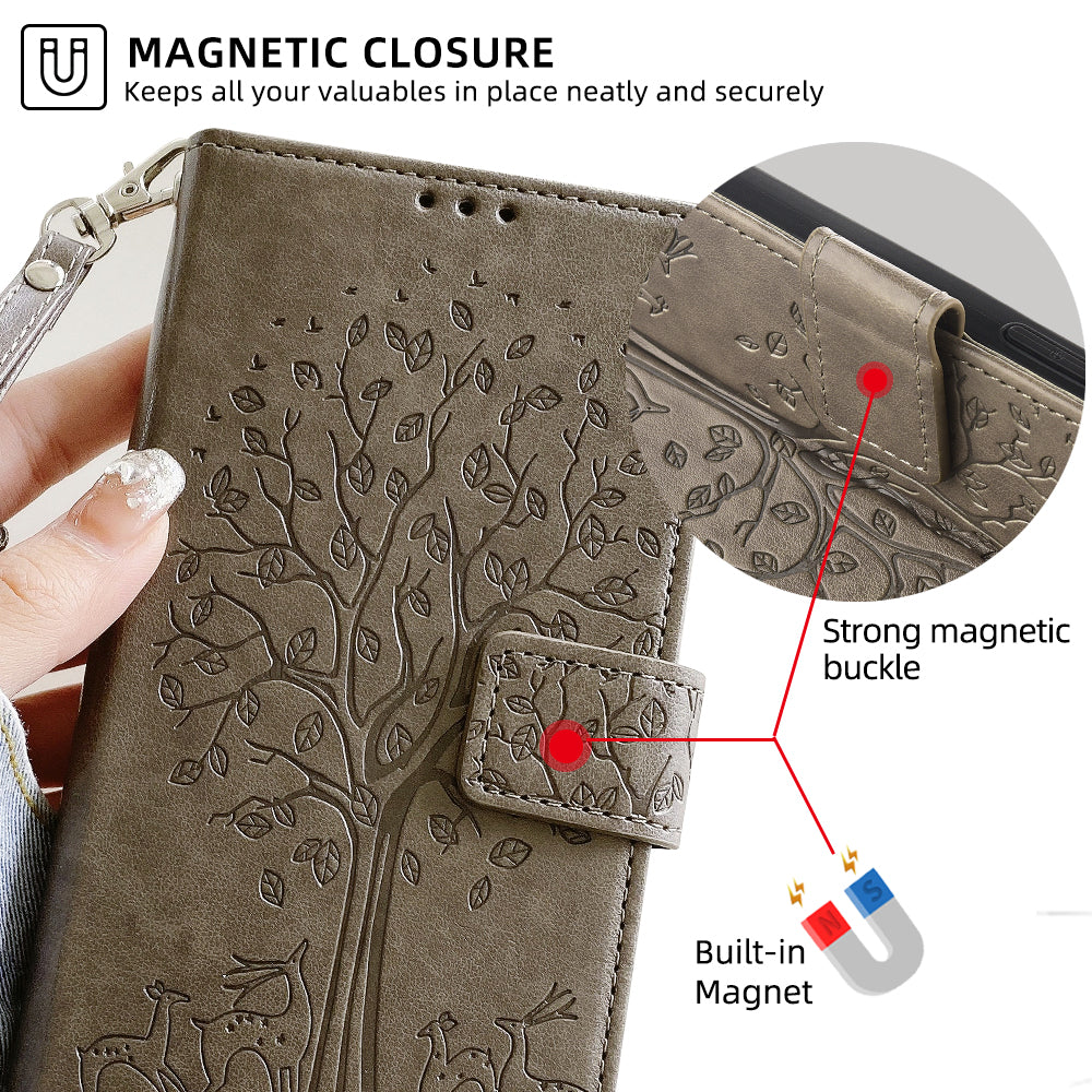 For Honor Play 50 Plus 5G / Play 8T 5G / X7b 4G / 90 Smart Case Imprinted Deer Tree Pattern Leather Phone Wallet Cover - Grey