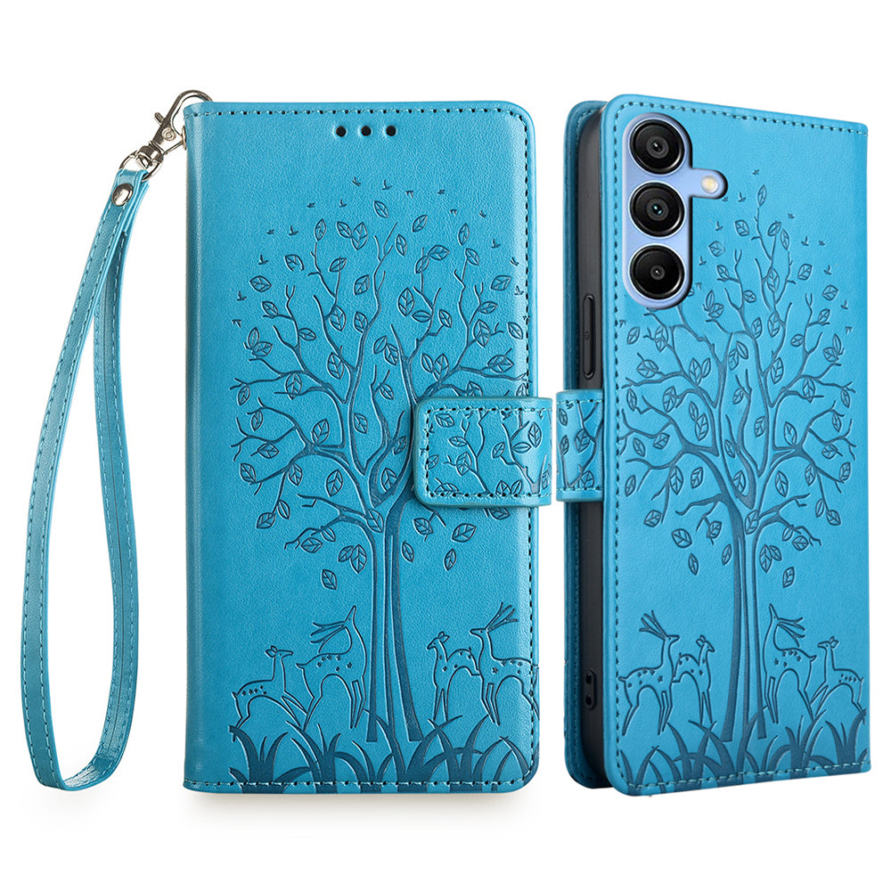 For Samsung Galaxy A15 4G / A15 5G Magnetic Case Imprinted Deer Tree Pattern Cover with Hand Strap - Blue