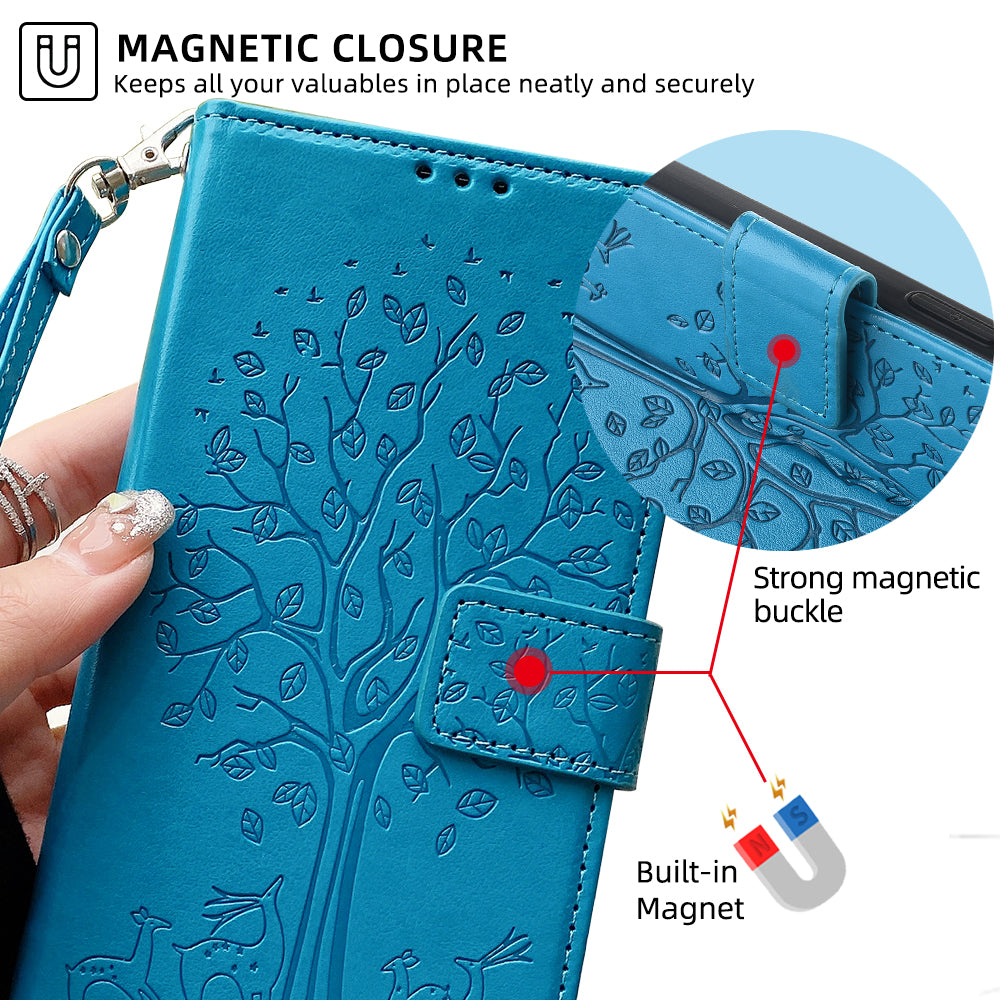 For Samsung Galaxy A15 4G / A15 5G Magnetic Case Imprinted Deer Tree Pattern Cover with Hand Strap - Blue