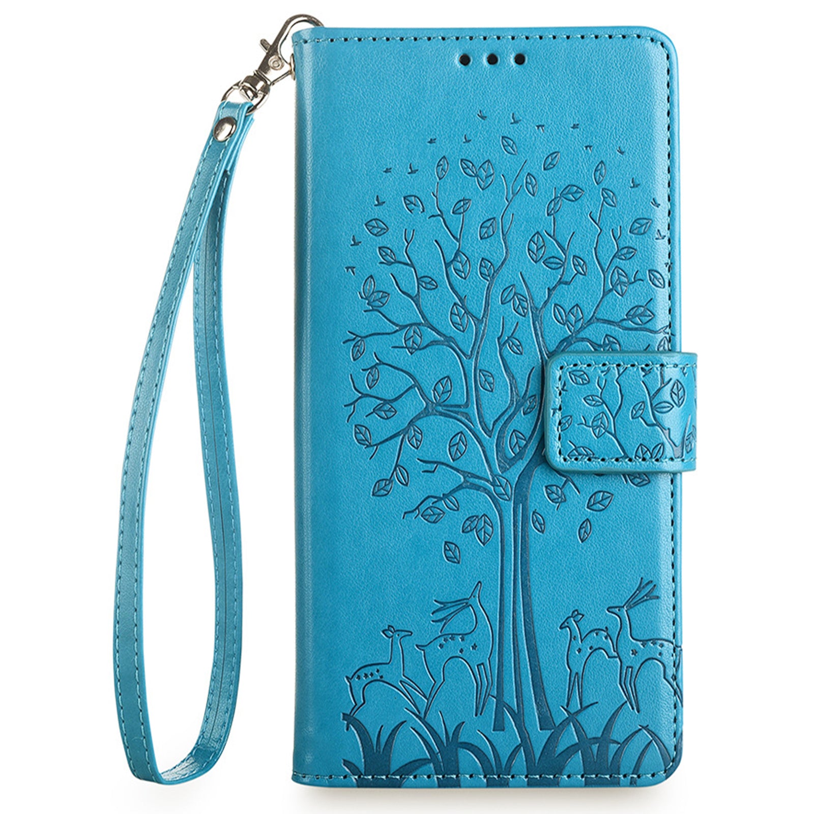 For Samsung Galaxy A15 4G / A15 5G Magnetic Case Imprinted Deer Tree Pattern Cover with Hand Strap - Blue