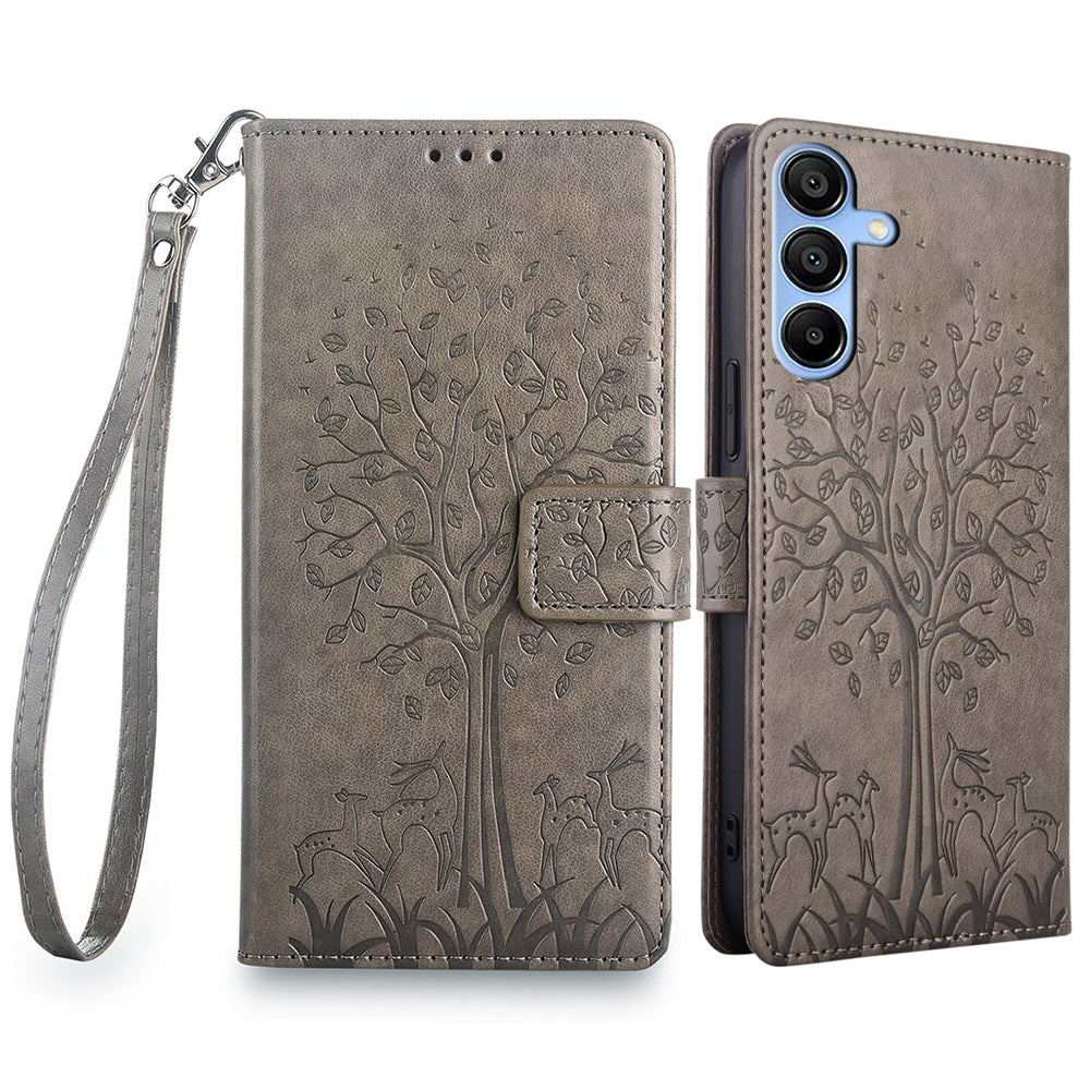 For Samsung Galaxy A15 4G / A15 5G Magnetic Case Imprinted Deer Tree Pattern Cover with Hand Strap - Blue