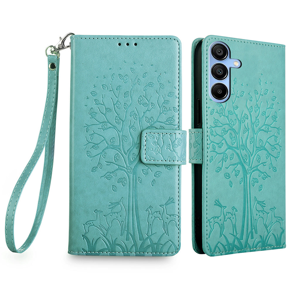 For Samsung Galaxy A15 4G / A15 5G Magnetic Case Imprinted Deer Tree Pattern Cover with Hand Strap - Blue