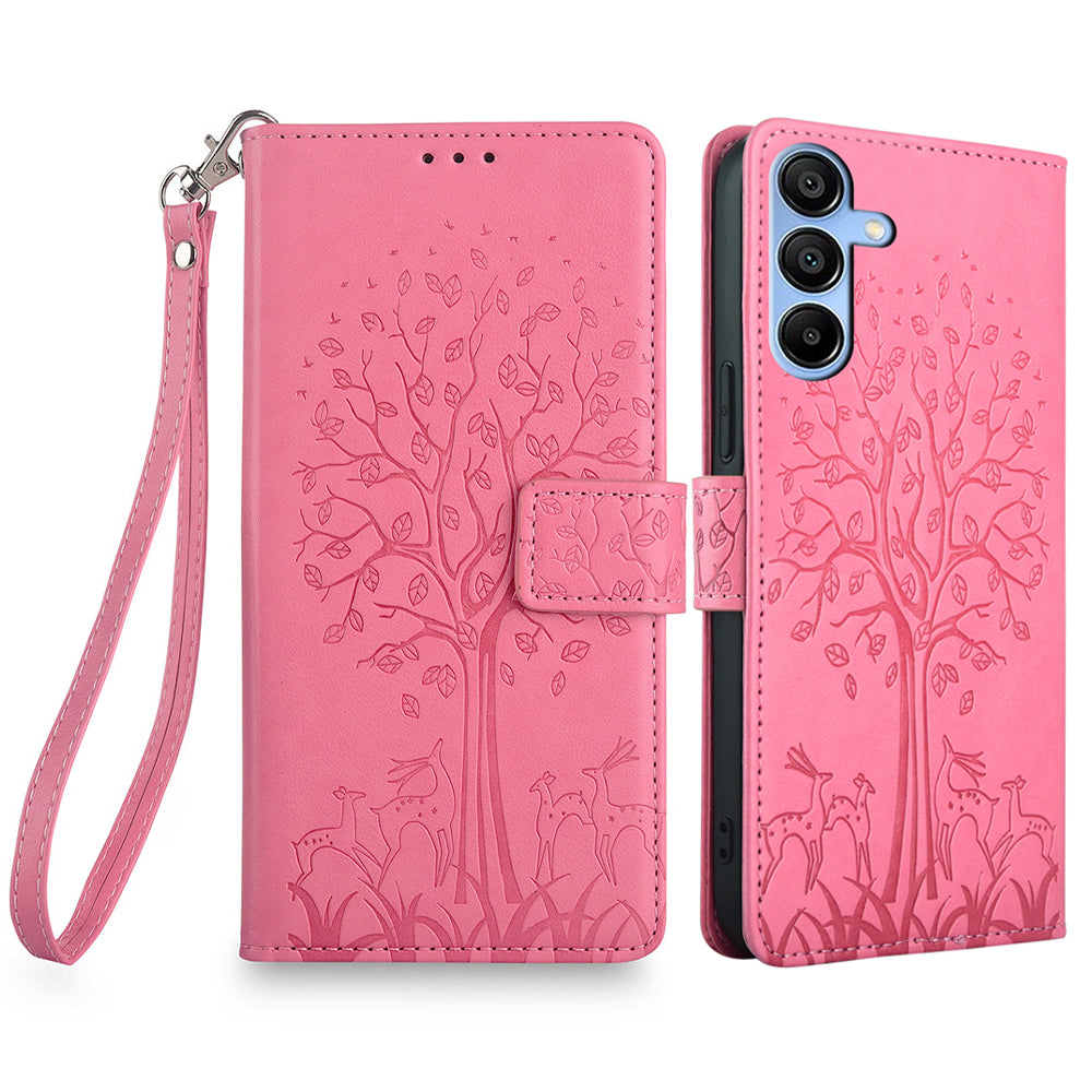 For Samsung Galaxy A15 4G / A15 5G Magnetic Case Imprinted Deer Tree Pattern Cover with Hand Strap - Blue