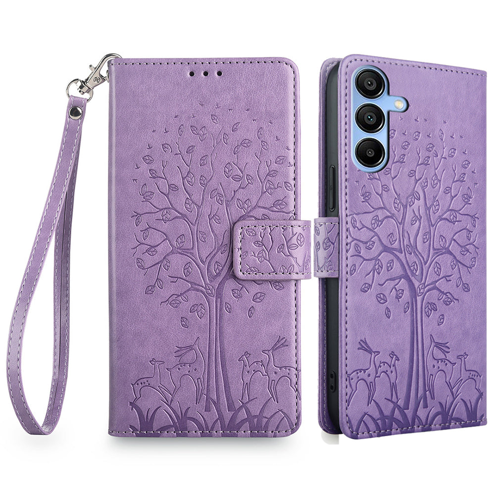 For Samsung Galaxy A15 4G / A15 5G Magnetic Case Imprinted Deer Tree Pattern Cover with Hand Strap - Blue
