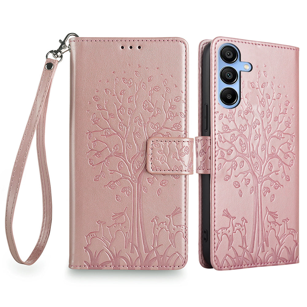 For Samsung Galaxy A15 4G / A15 5G Magnetic Case Imprinted Deer Tree Pattern Cover with Hand Strap - Blue