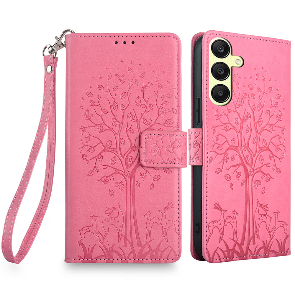 For Samsung Galaxy A25 5G (Global) (161.0 x 76.5 x 8.3mm) Case Imprinted Deer Tree Pattern 3 Card Slots Phone Protector with Hand Strap - Pink