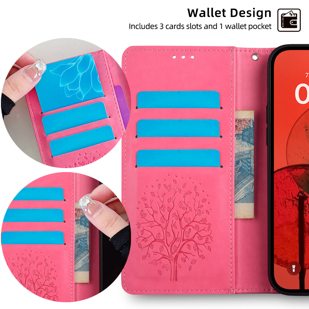 For Samsung Galaxy A25 5G (Global) (161.0 x 76.5 x 8.3mm) Case Imprinted Deer Tree Pattern 3 Card Slots Phone Protector with Hand Strap - Pink