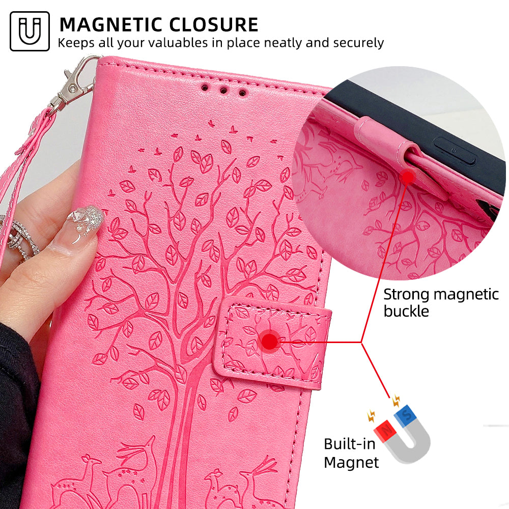 For Samsung Galaxy A25 5G (Global) (161.0 x 76.5 x 8.3mm) Case Imprinted Deer Tree Pattern 3 Card Slots Phone Protector with Hand Strap - Pink