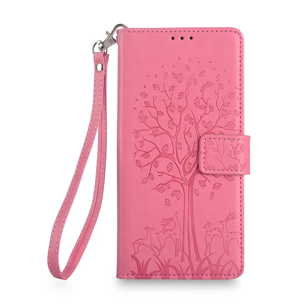 For Samsung Galaxy A25 5G (Global) (161.0 x 76.5 x 8.3mm) Case Imprinted Deer Tree Pattern 3 Card Slots Phone Protector with Hand Strap - Pink