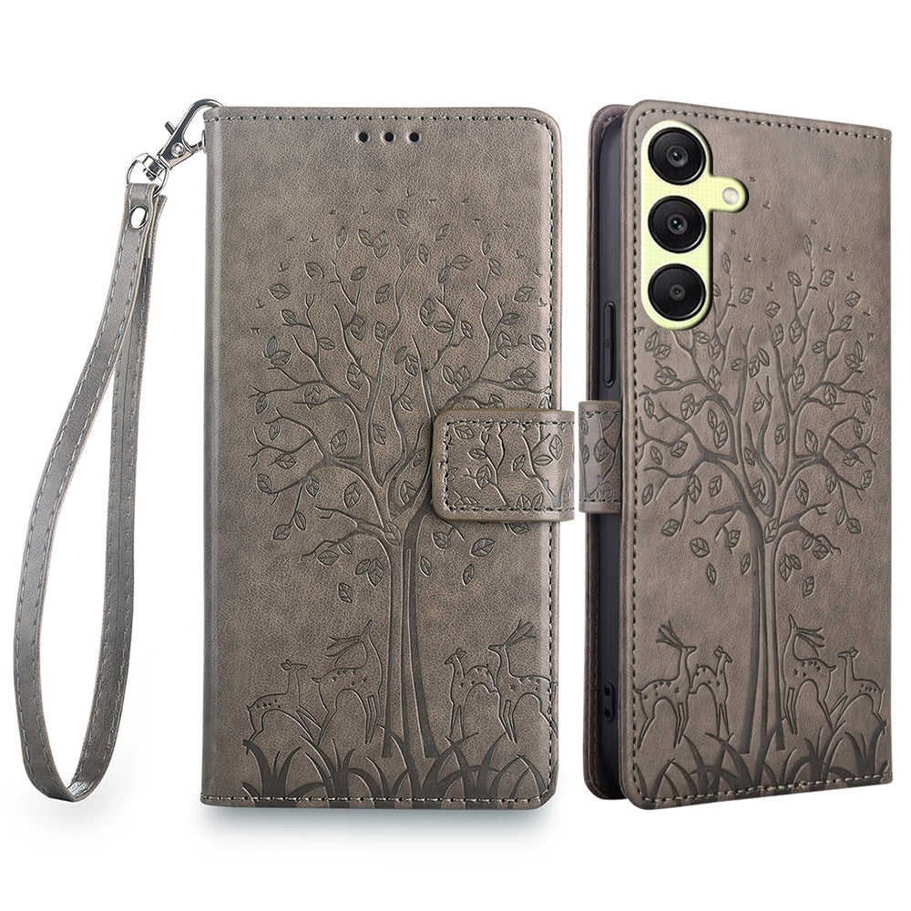 For Samsung Galaxy A25 5G (Global) (161.0 x 76.5 x 8.3mm) Case Imprinted Deer Tree Pattern 3 Card Slots Phone Protector with Hand Strap - Pink