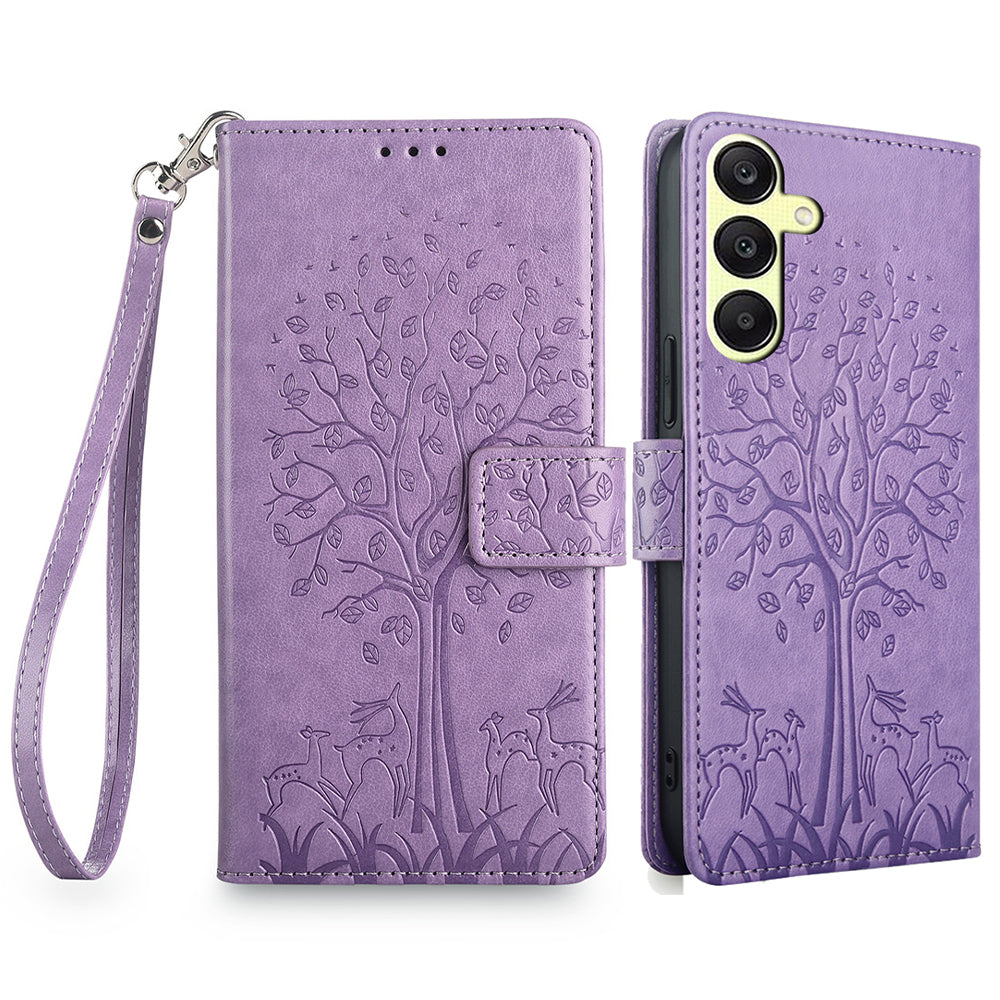 For Samsung Galaxy A25 5G (Global) (161.0 x 76.5 x 8.3mm) Case Imprinted Deer Tree Pattern 3 Card Slots Phone Protector with Hand Strap - Pink