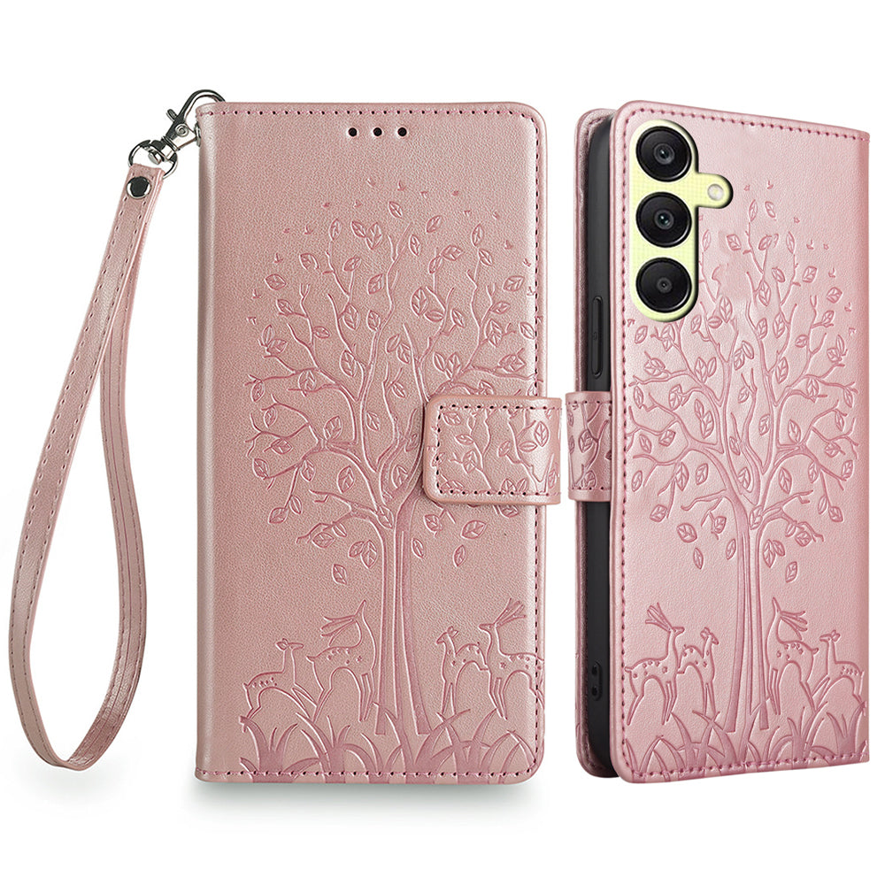 For Samsung Galaxy A25 5G (Global) (161.0 x 76.5 x 8.3mm) Case Imprinted Deer Tree Pattern 3 Card Slots Phone Protector with Hand Strap - Pink