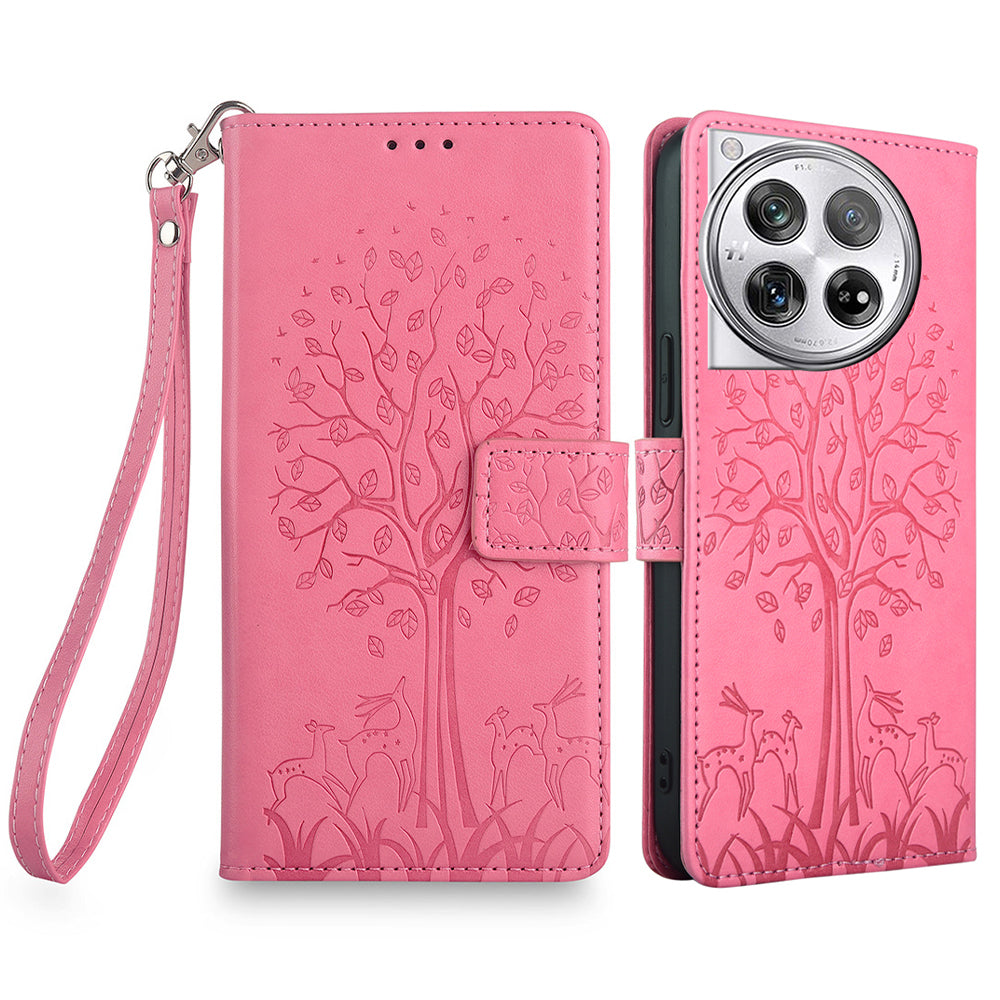 For OnePlus 12 5G Leather Case Imprinted Deer Tree Pattern Card Slots Wallet Phone Guard Cover - Green