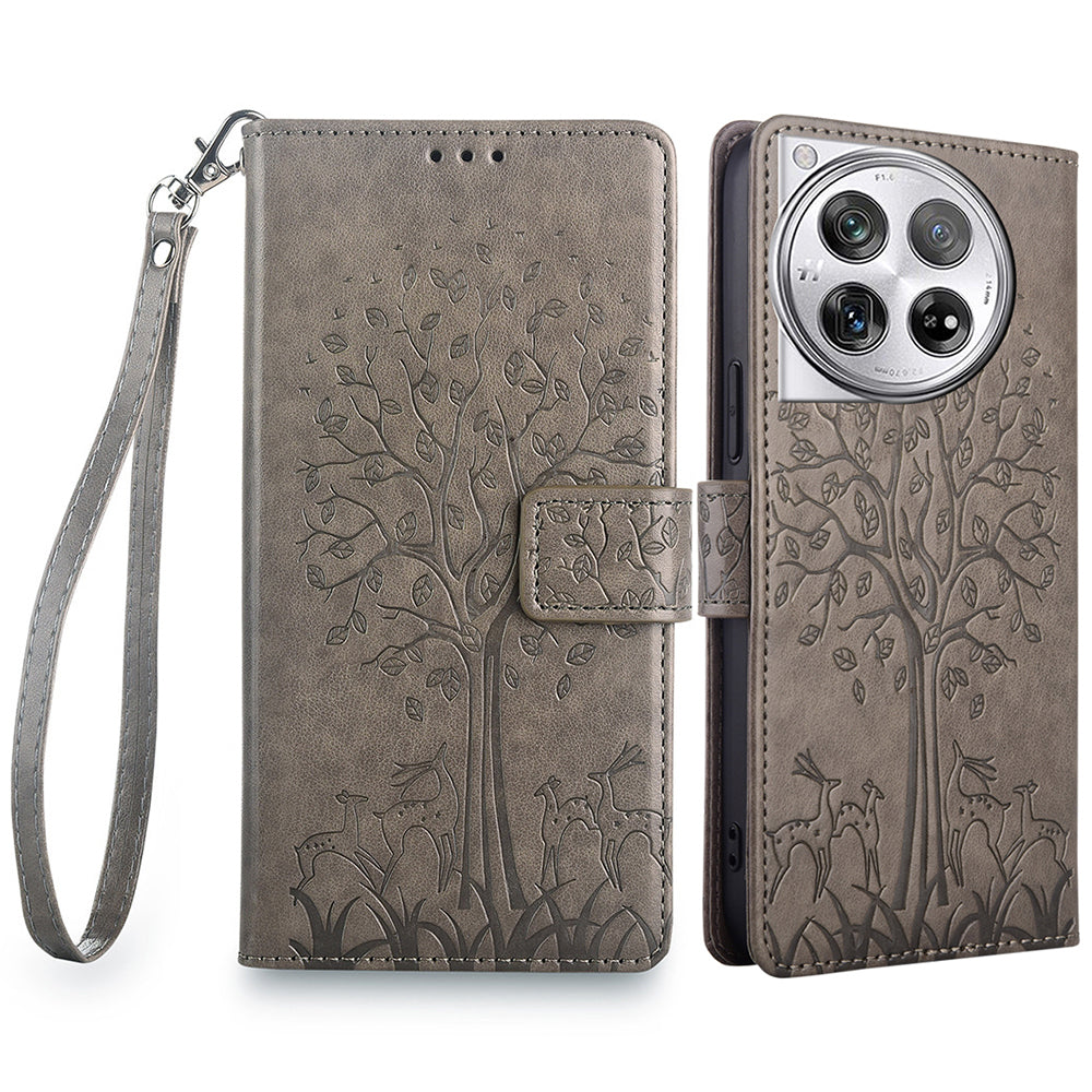 For OnePlus 12 5G Leather Case Imprinted Deer Tree Pattern Card Slots Wallet Phone Guard Cover - Green