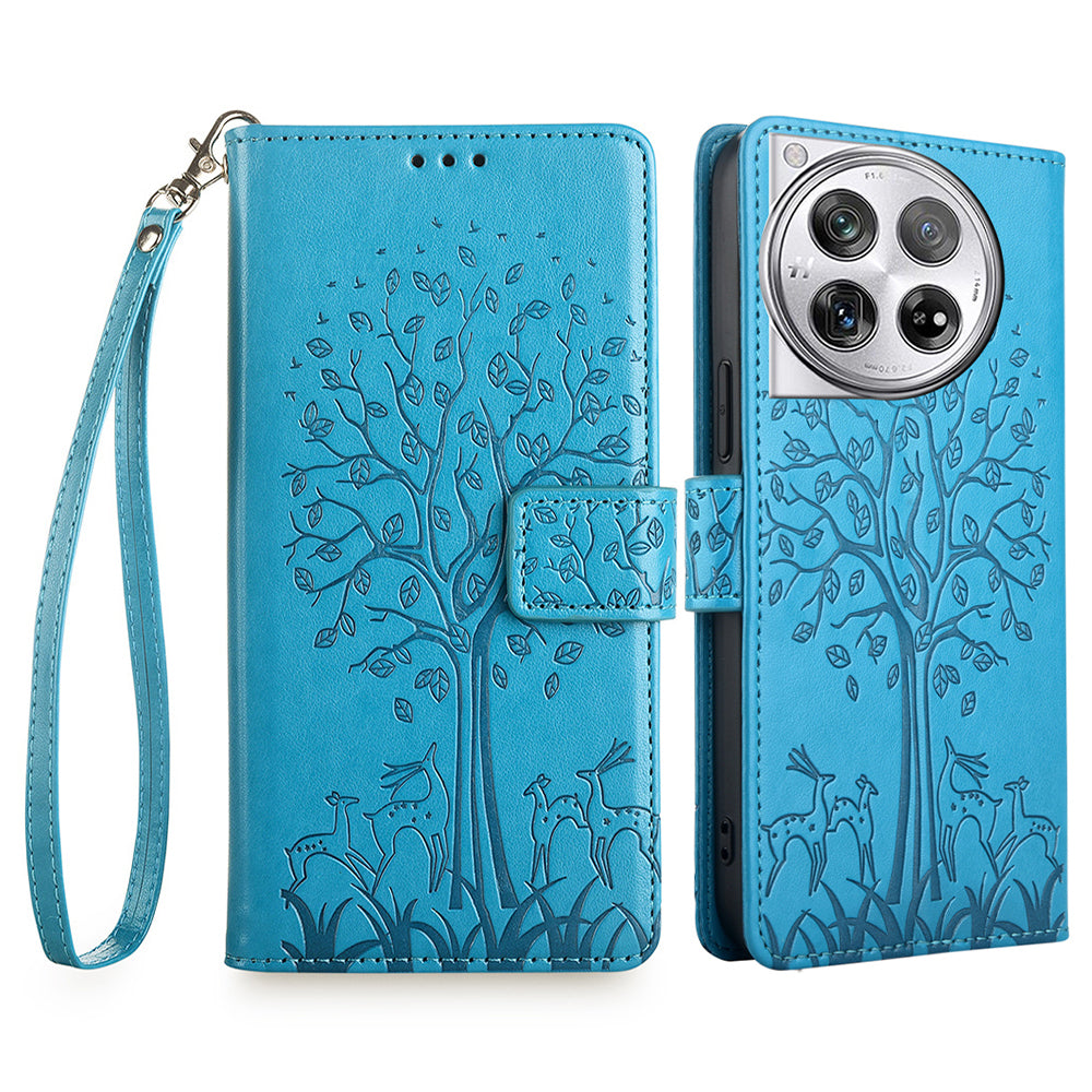 For OnePlus 12 5G Leather Case Imprinted Deer Tree Pattern Card Slots Wallet Phone Guard Cover - Green